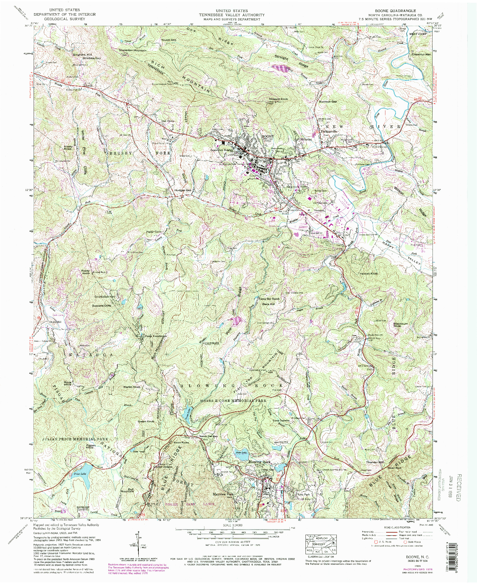 USGS 1:24000-SCALE QUADRANGLE FOR BOONE, NC 1959