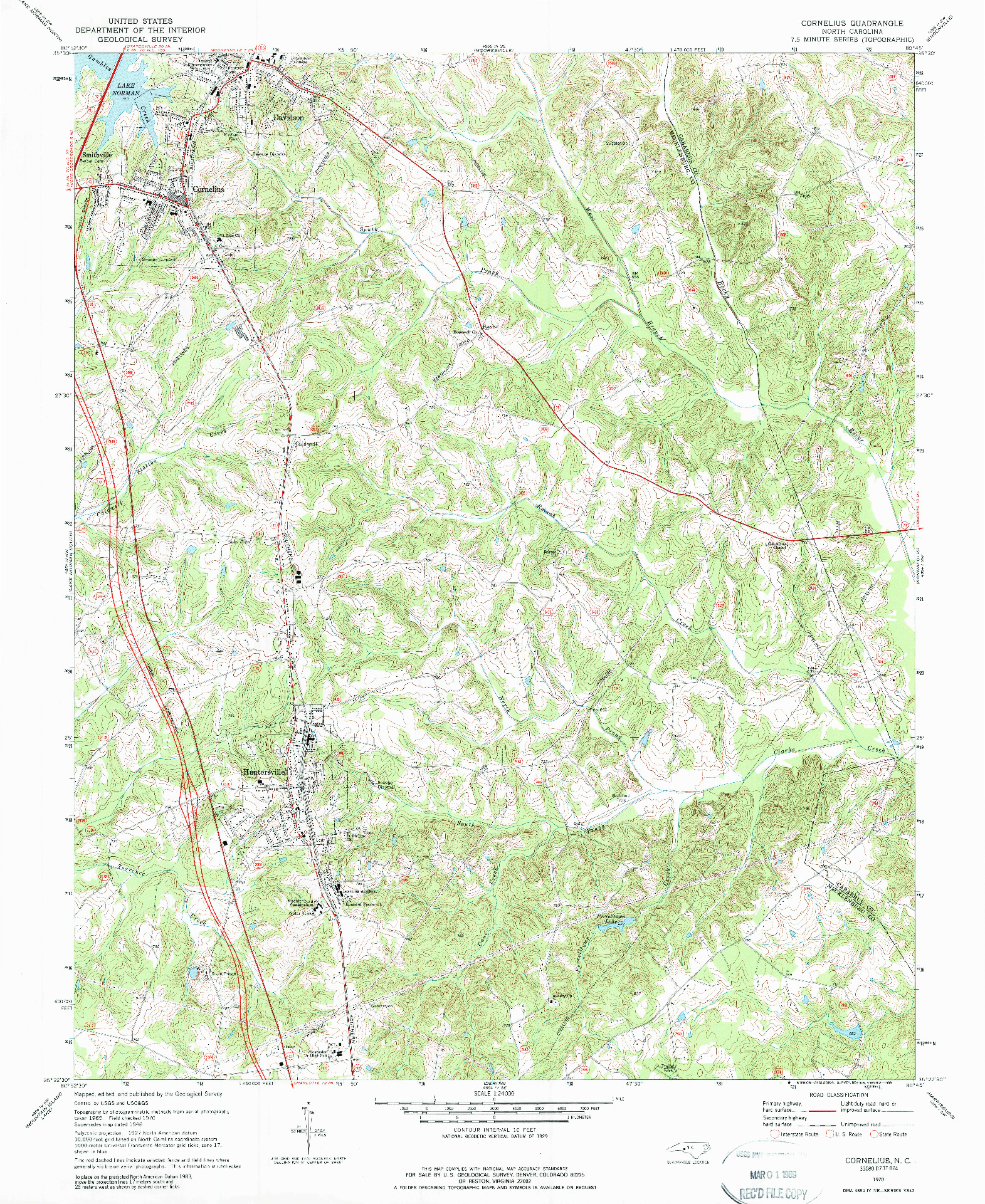 USGS 1:24000-SCALE QUADRANGLE FOR CORNELIUS, NC 1970