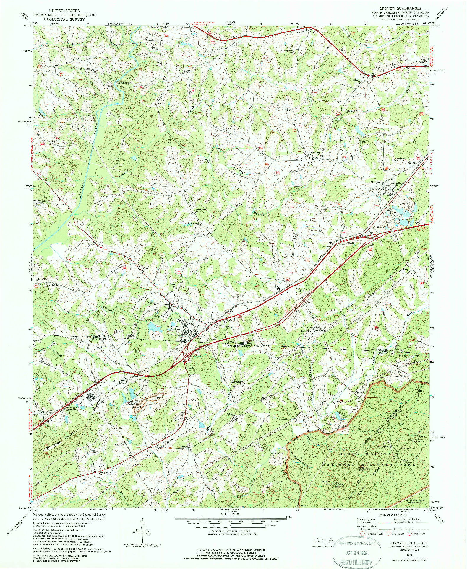 USGS 1:24000-SCALE QUADRANGLE FOR GROVER, NC 1971