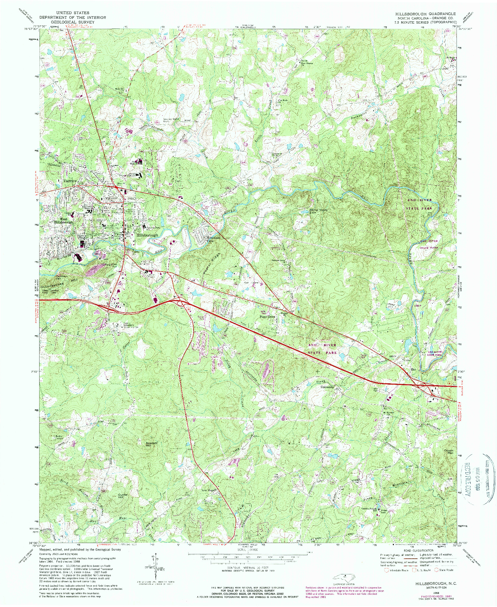 USGS 1:24000-SCALE QUADRANGLE FOR HILLSBOROUGH, NC 1968