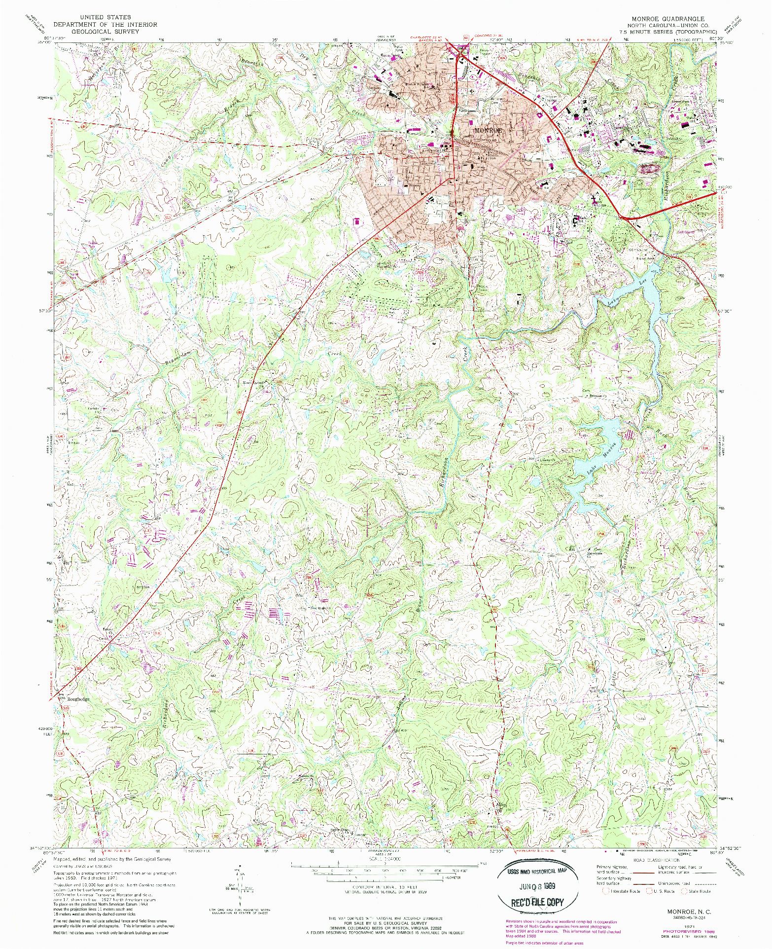 USGS 1:24000-SCALE QUADRANGLE FOR MONROE, NC 1971