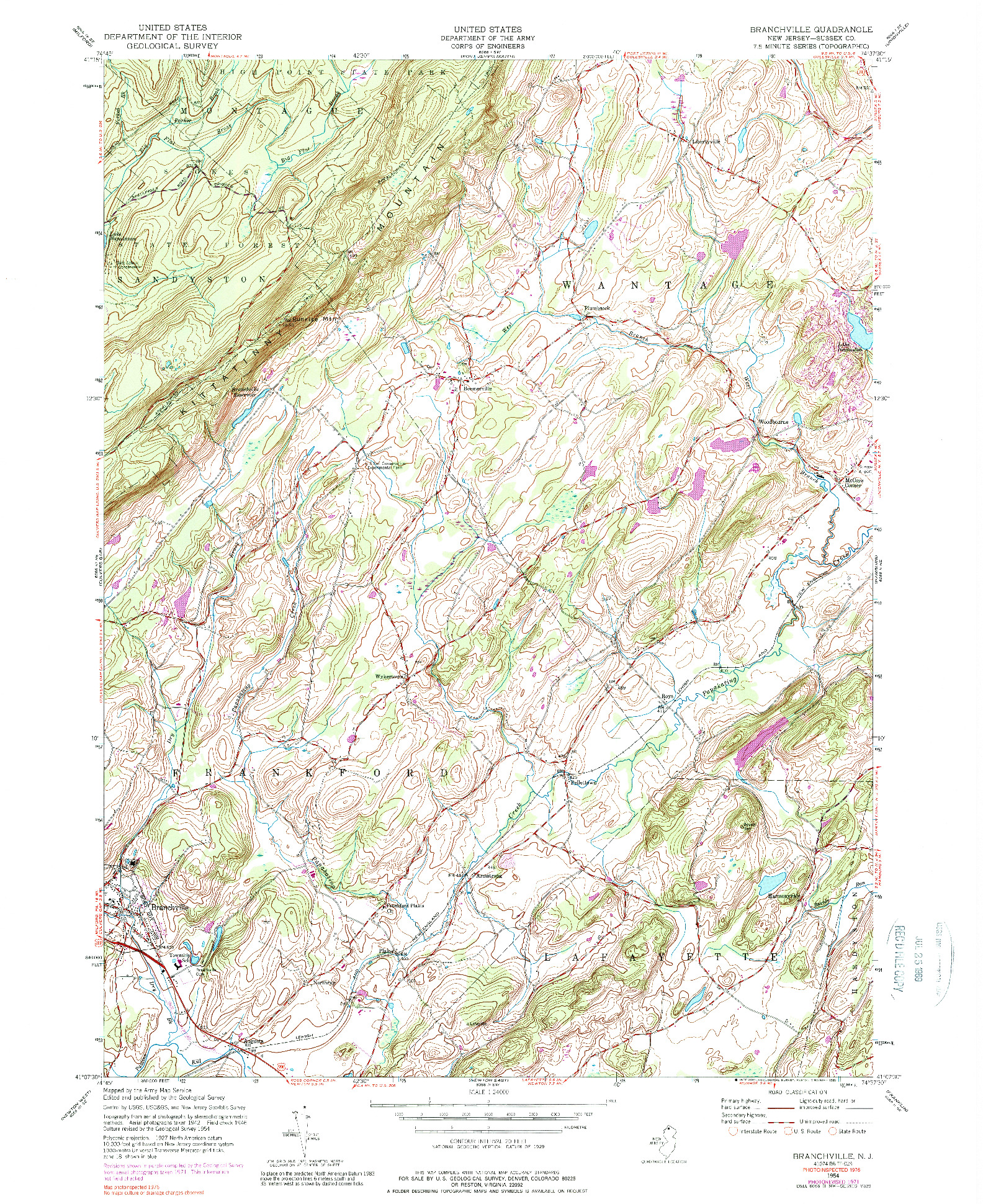 USGS 1:24000-SCALE QUADRANGLE FOR BRANCHVILLE, NJ 1954