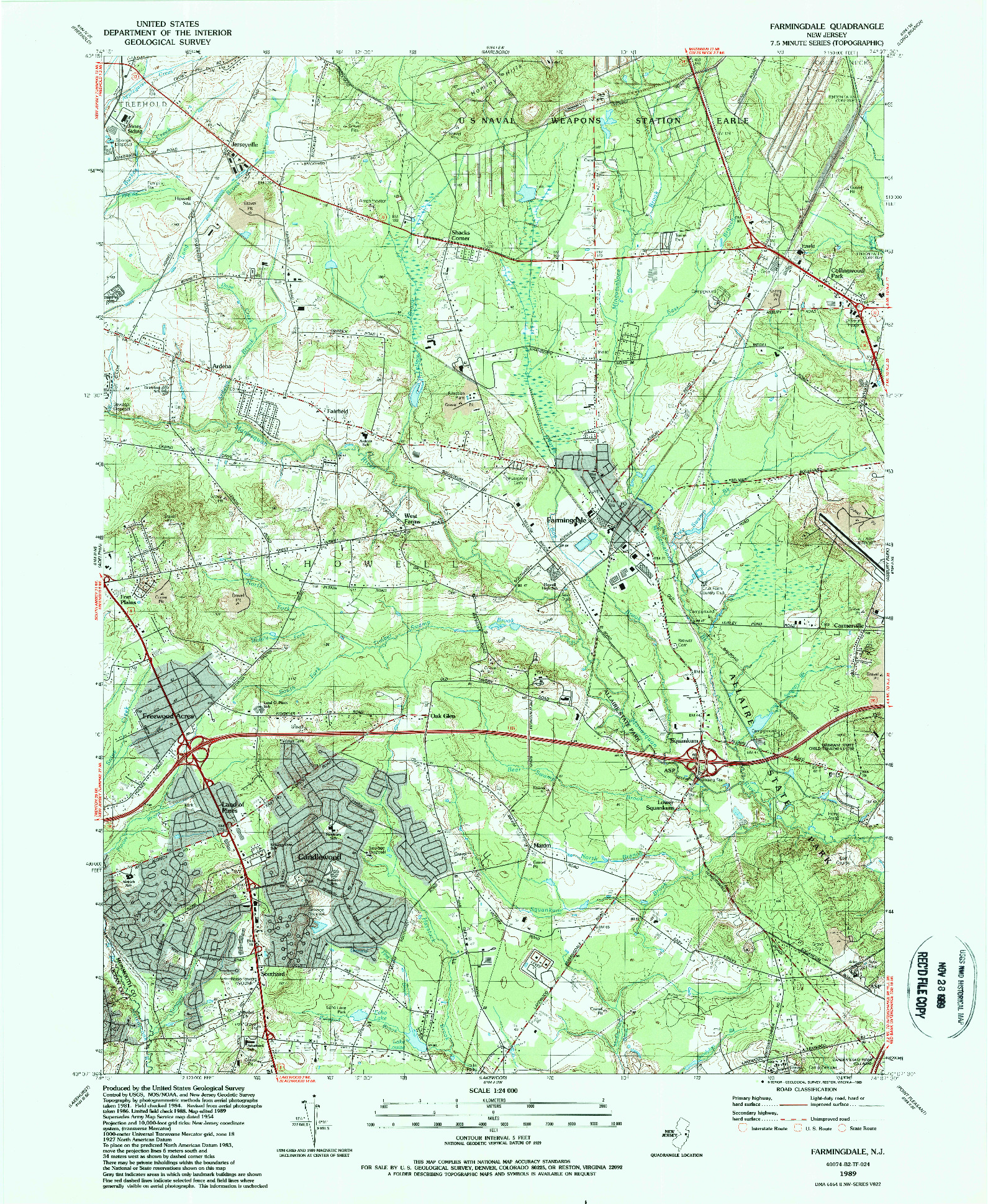 USGS 1:24000-SCALE QUADRANGLE FOR FARMINGDALE, NJ 1989
