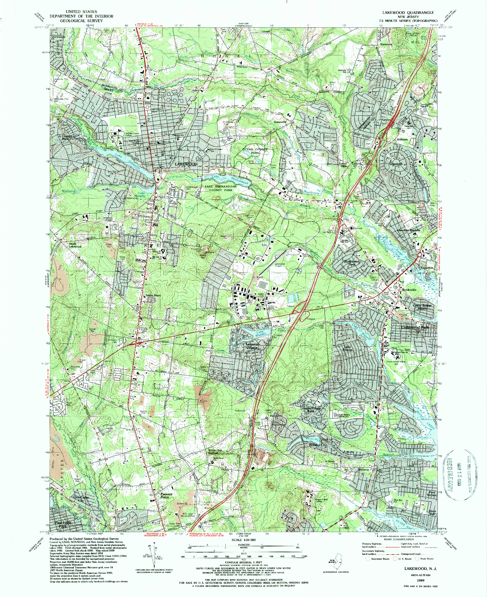 USGS 1:24000-SCALE QUADRANGLE FOR LAKEWOOD, NJ 1989