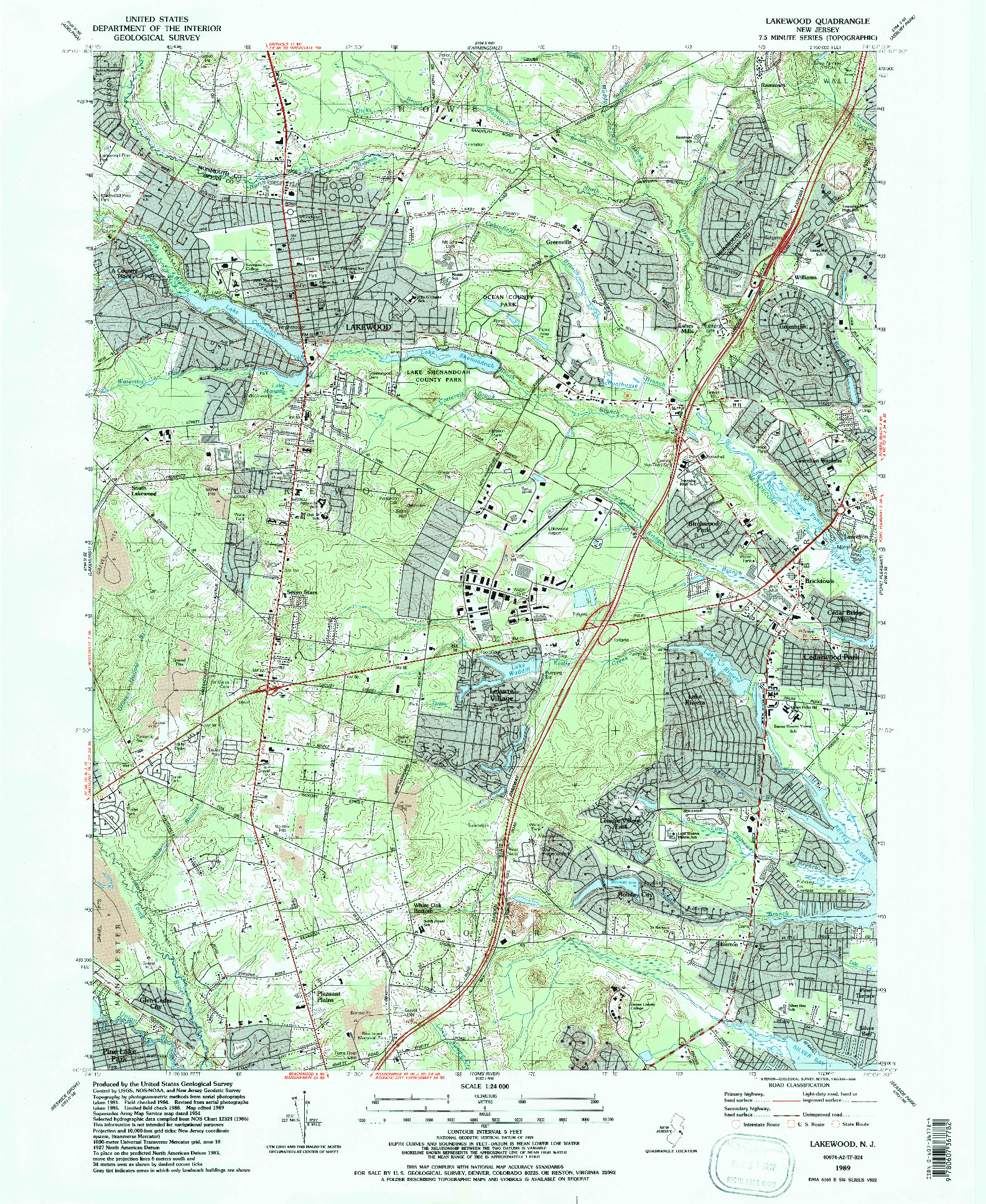 USGS 1:24000-SCALE QUADRANGLE FOR LAKEWOOD, NJ 1989