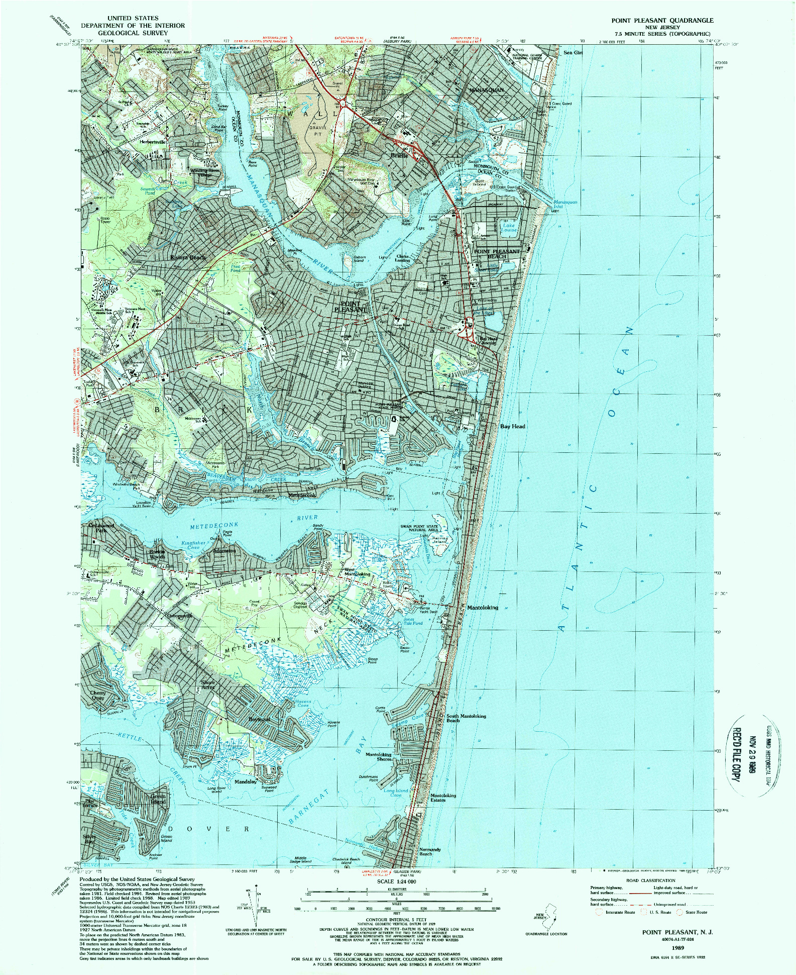 USGS 1:24000-SCALE QUADRANGLE FOR POINT PLEASANT, NJ 1989