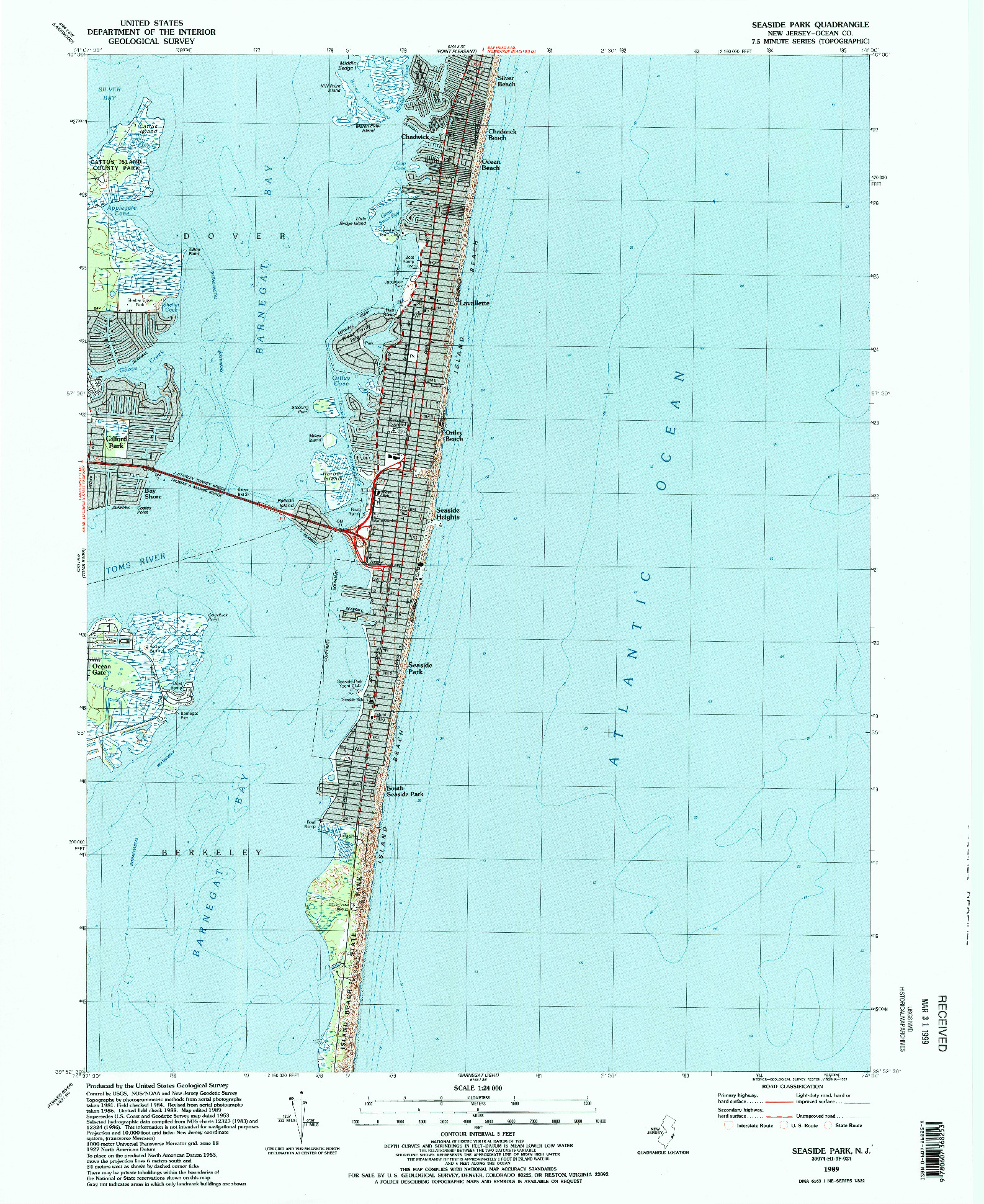 USGS 1:24000-SCALE QUADRANGLE FOR SEASIDE PARK, NJ 1989