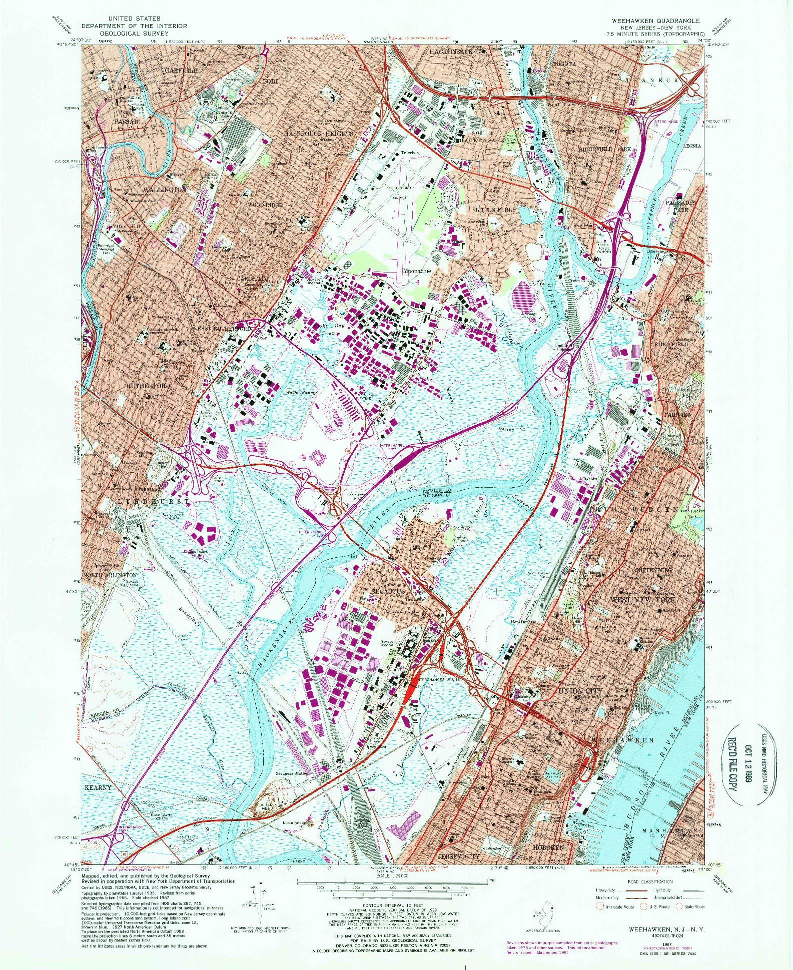USGS 1:24000-SCALE QUADRANGLE FOR WEEHAWKEN, NJ 1967