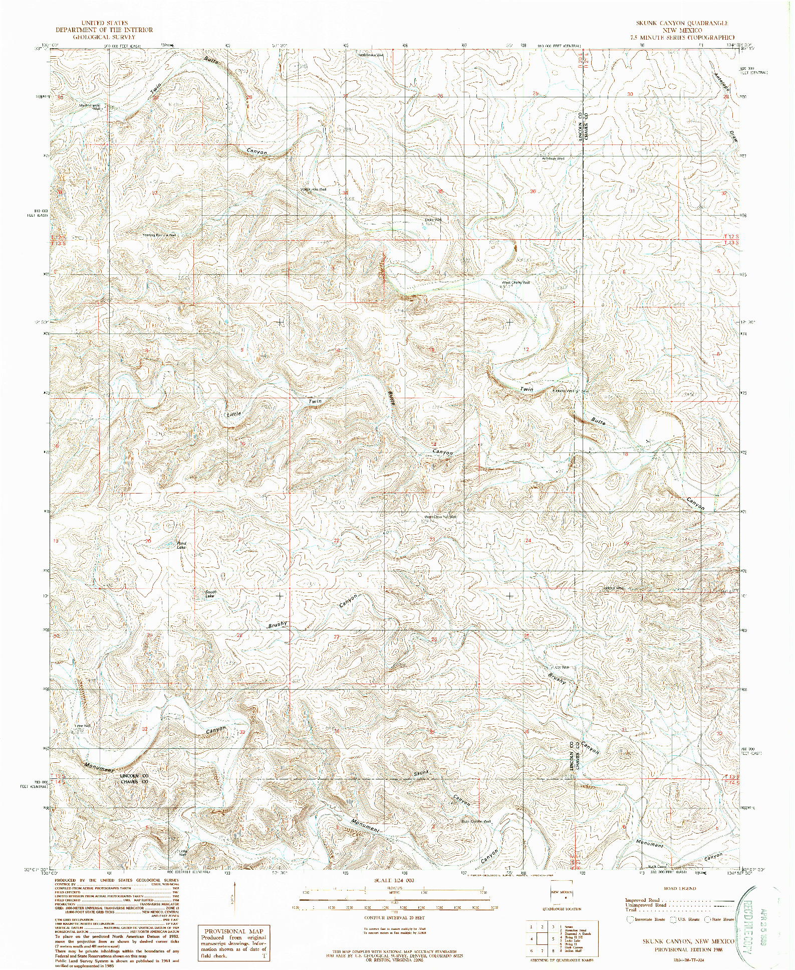 USGS 1:24000-SCALE QUADRANGLE FOR SKUNK CANYON, NM 1988