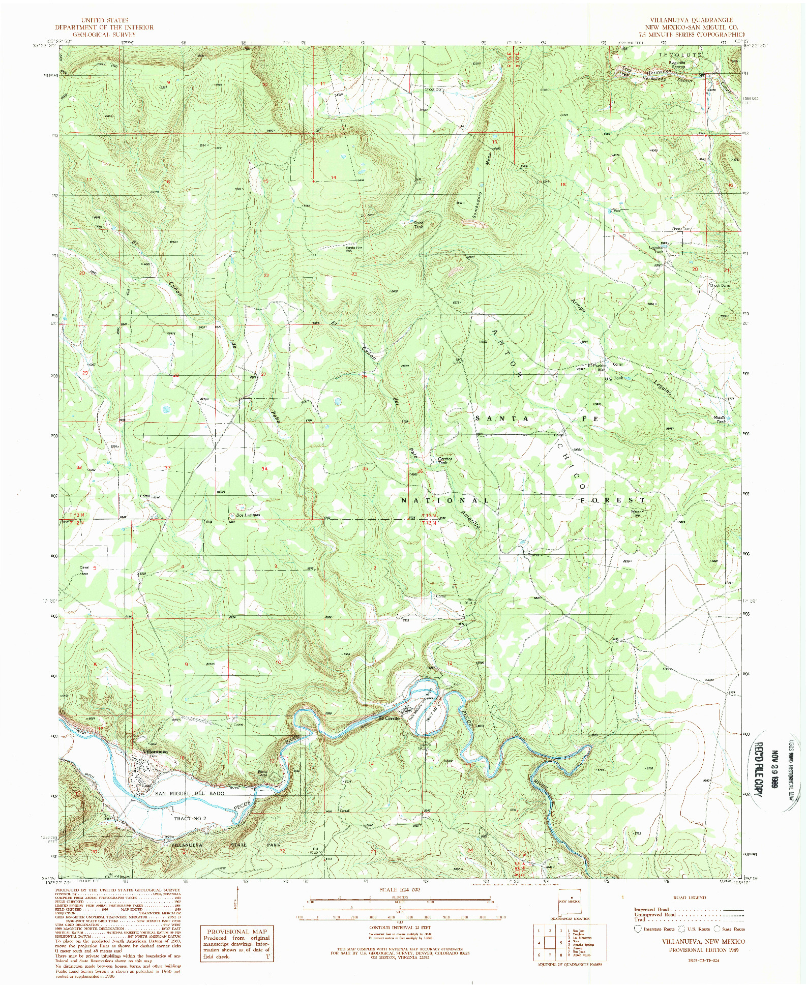 USGS 1:24000-SCALE QUADRANGLE FOR VILLANUEVA, NM 1989