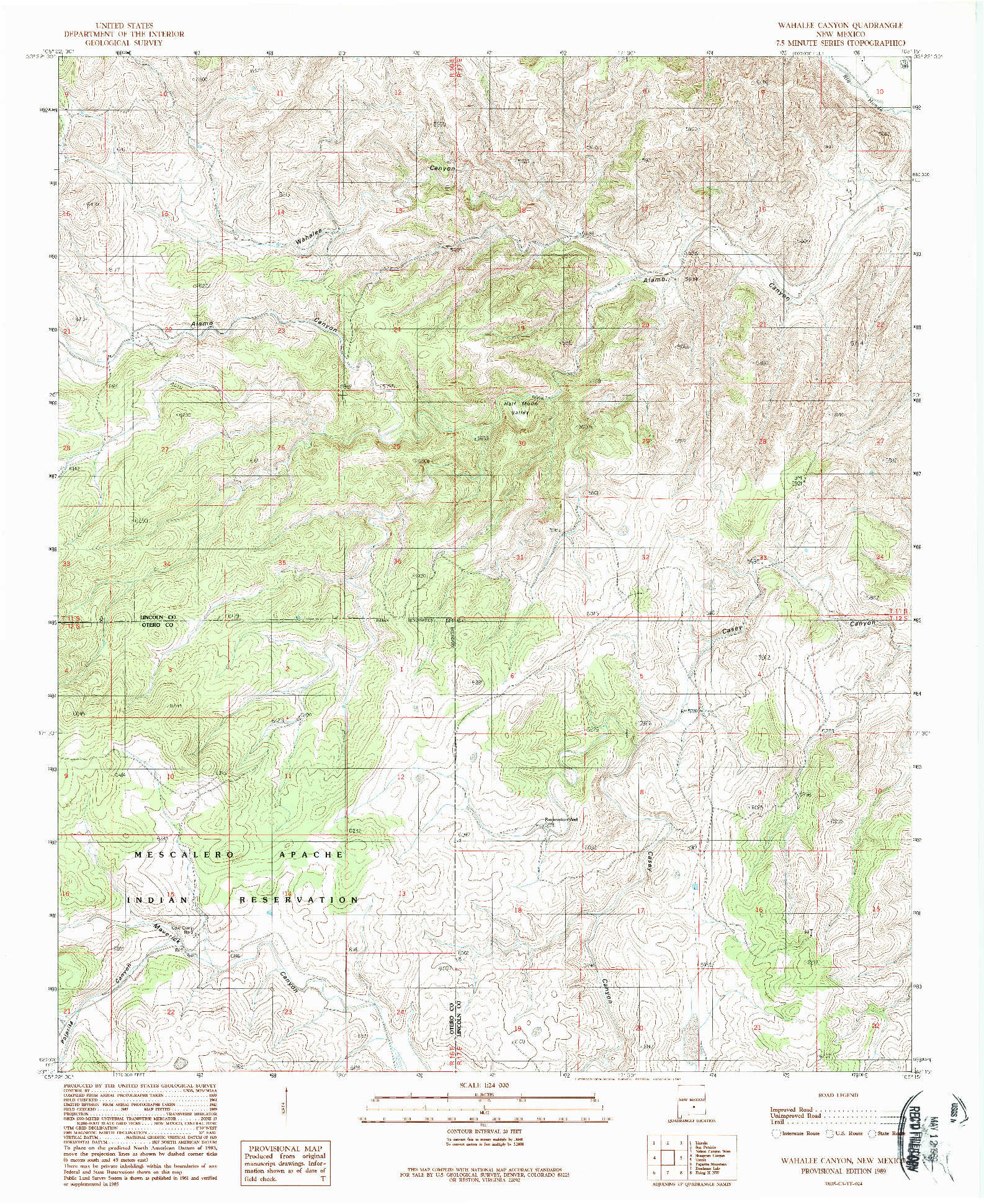 USGS 1:24000-SCALE QUADRANGLE FOR WAHALEE CANYON, NM 1989