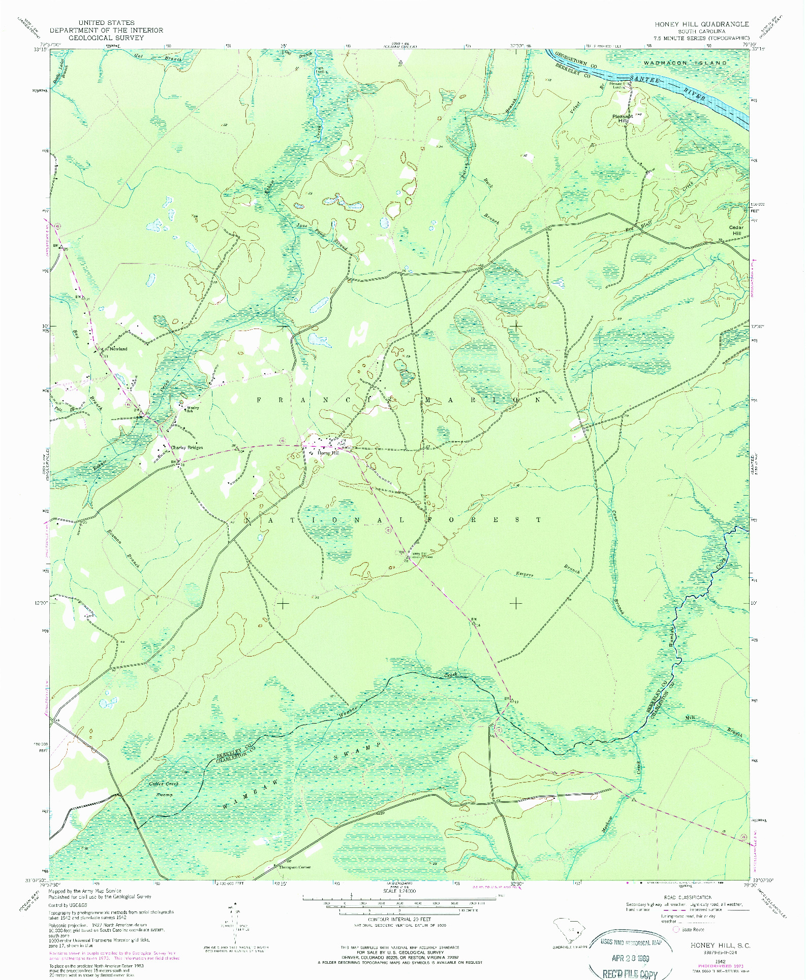 USGS 1:24000-SCALE QUADRANGLE FOR HONEY HILL, SC 1942