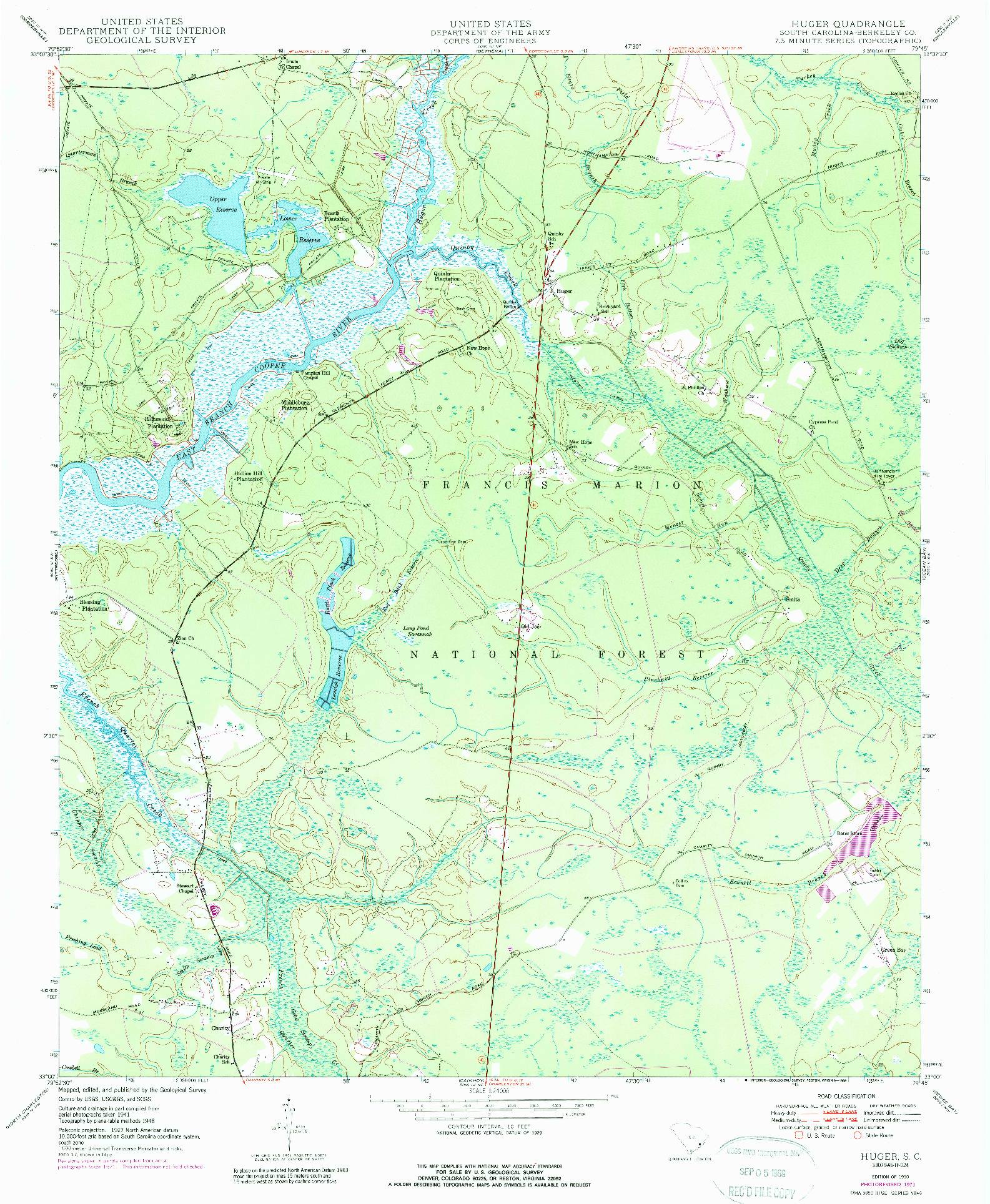 USGS 1:24000-SCALE QUADRANGLE FOR HUGER, SC 1950