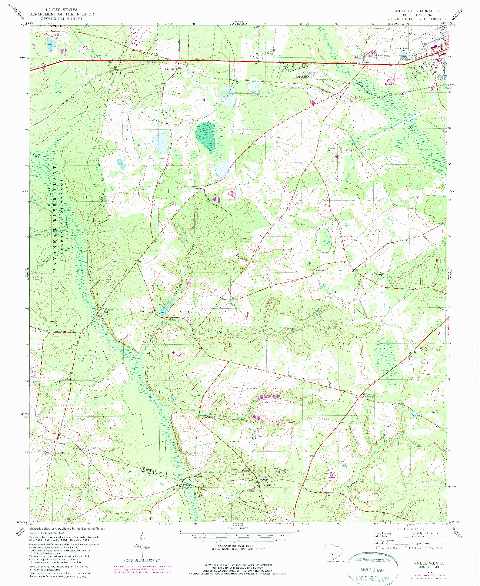 USGS 1:24000-SCALE QUADRANGLE FOR SNELLING, SC 1979