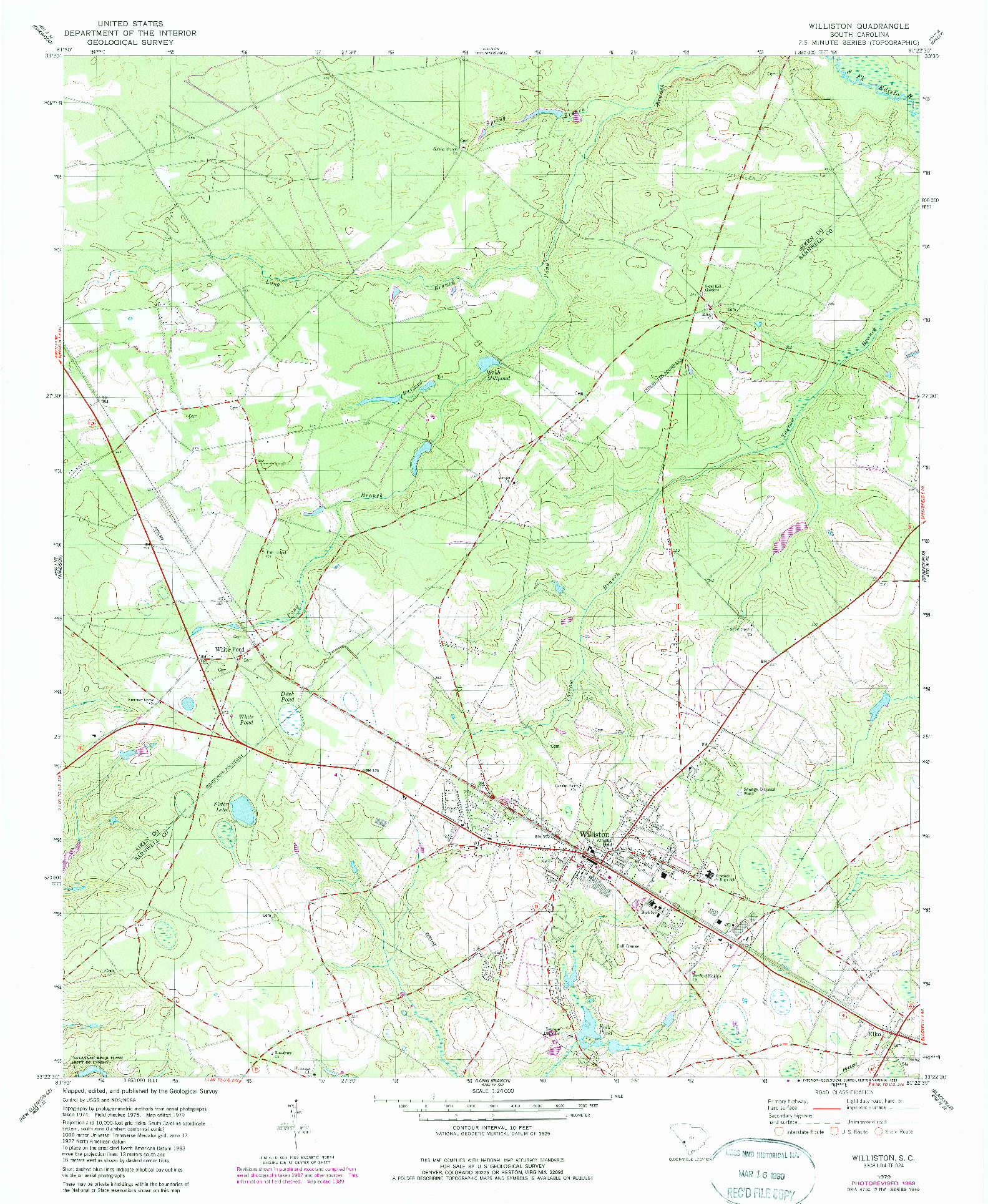 USGS 1:24000-SCALE QUADRANGLE FOR WILLISTON, SC 1979