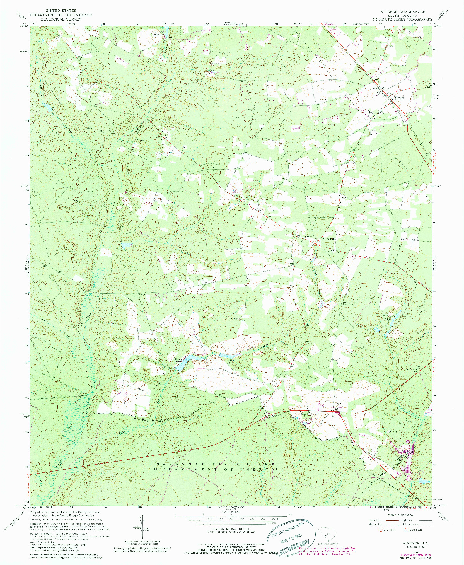 USGS 1:24000-SCALE QUADRANGLE FOR WINDSOR, SC 1965