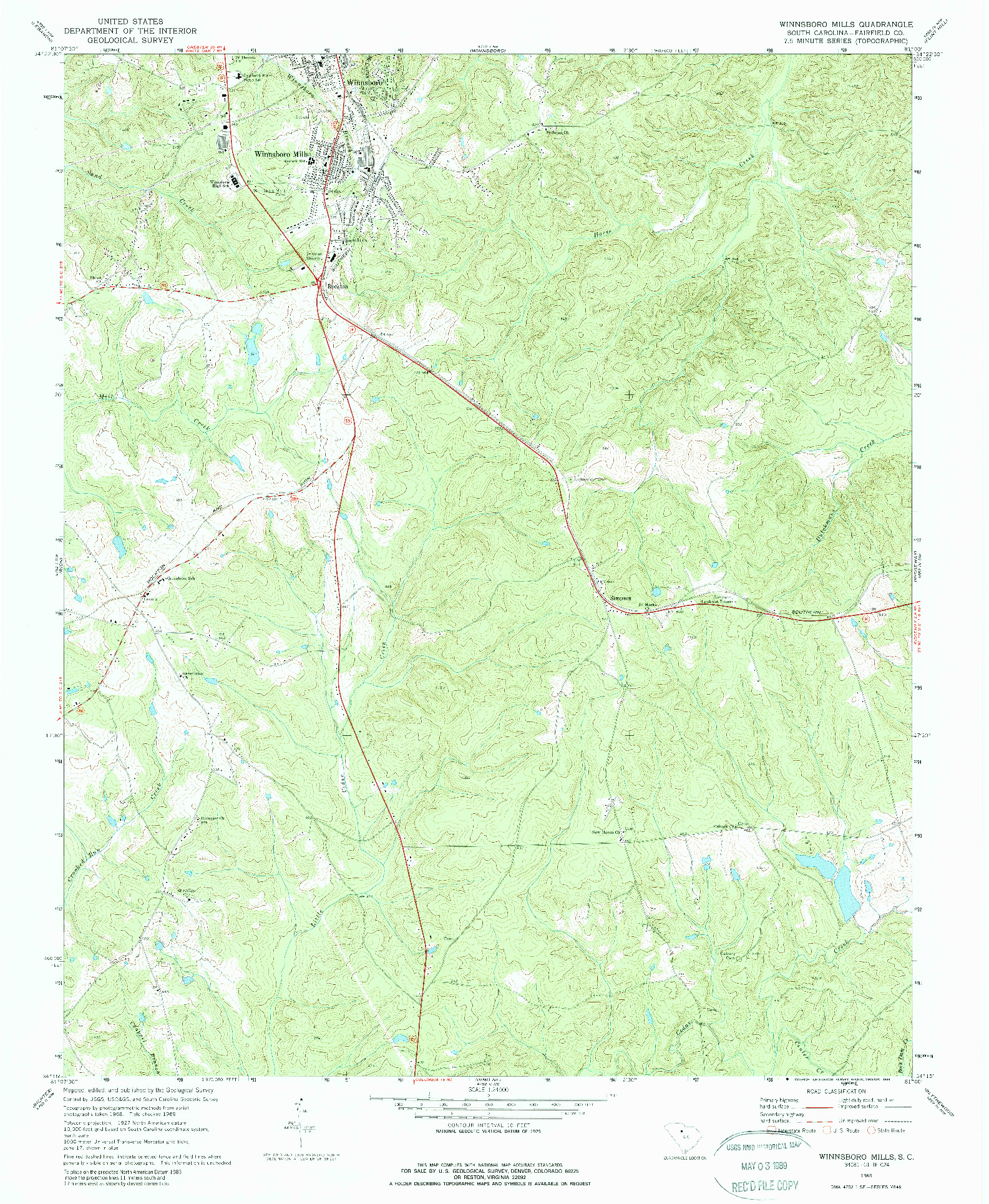 USGS 1:24000-SCALE QUADRANGLE FOR WINNSBORO MILLS, SC 1969