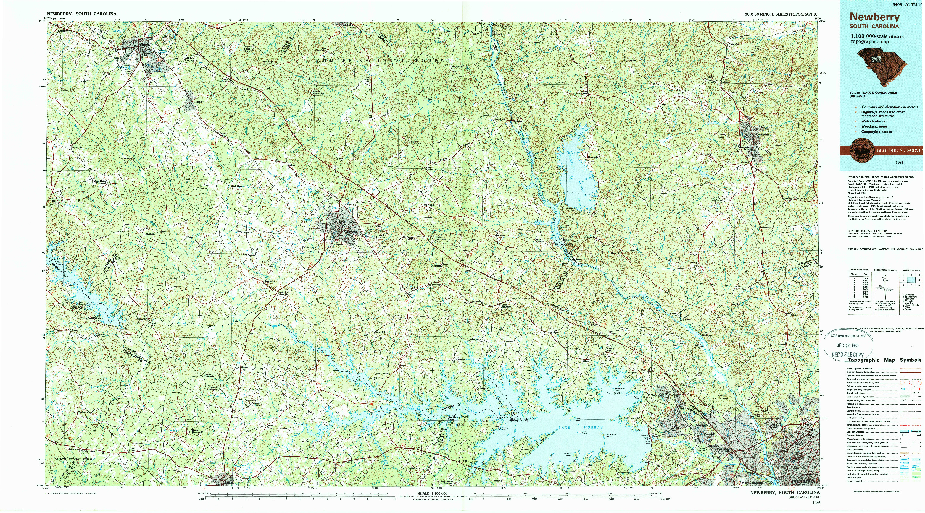 USGS 1:100000-SCALE QUADRANGLE FOR NEWBERRY, SC 1986