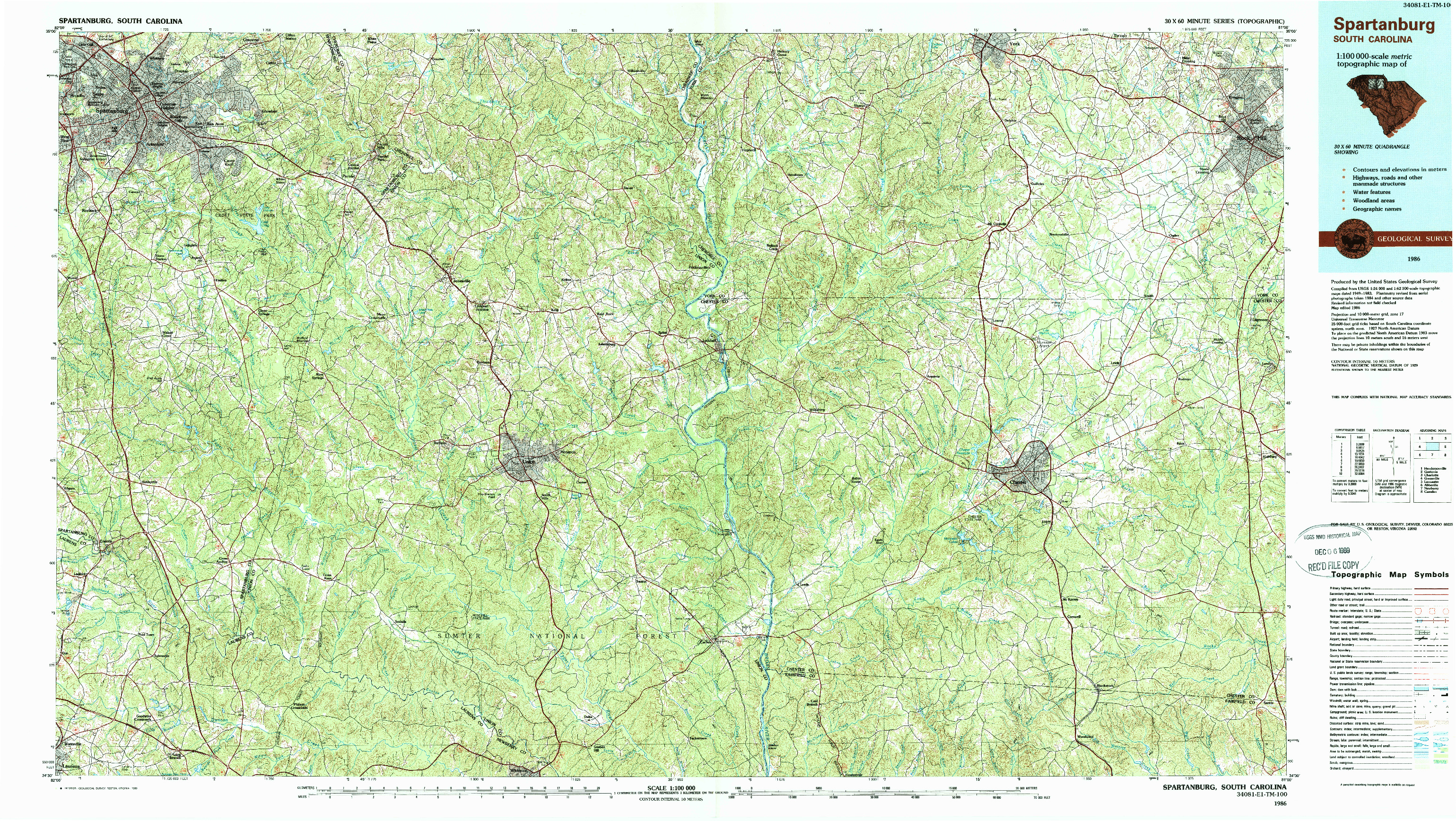 USGS 1:100000-SCALE QUADRANGLE FOR SPARTANBURG, SC 1986