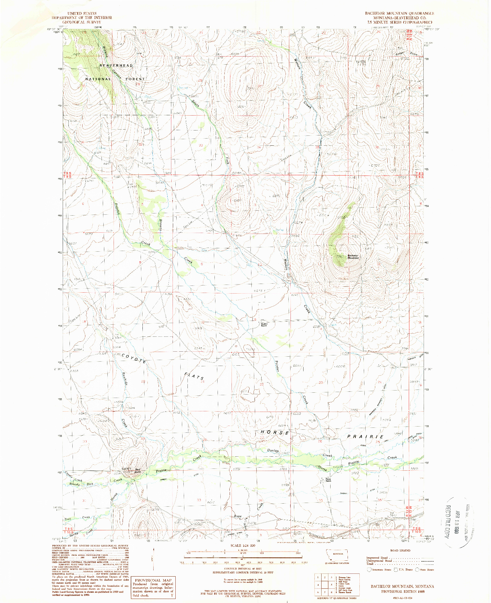 USGS 1:24000-SCALE QUADRANGLE FOR BACHELOR MOUNTAIN, MT 1988