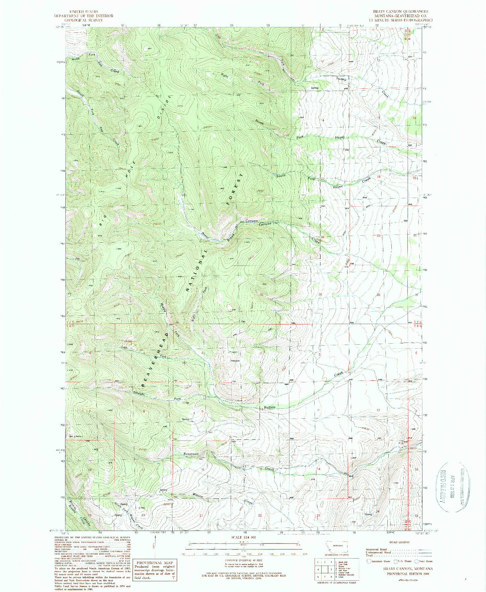 USGS 1:24000-SCALE QUADRANGLE FOR BRAYS CANYON, MT 1988