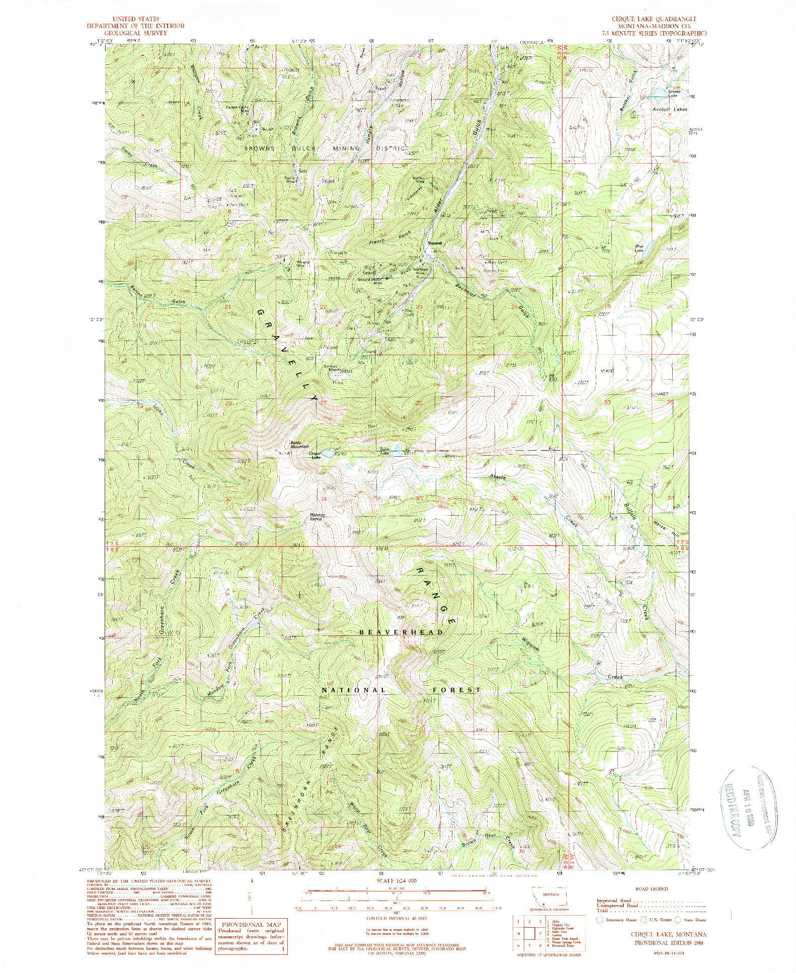 USGS 1:24000-SCALE QUADRANGLE FOR CIRQUE LAKE, MT 1988