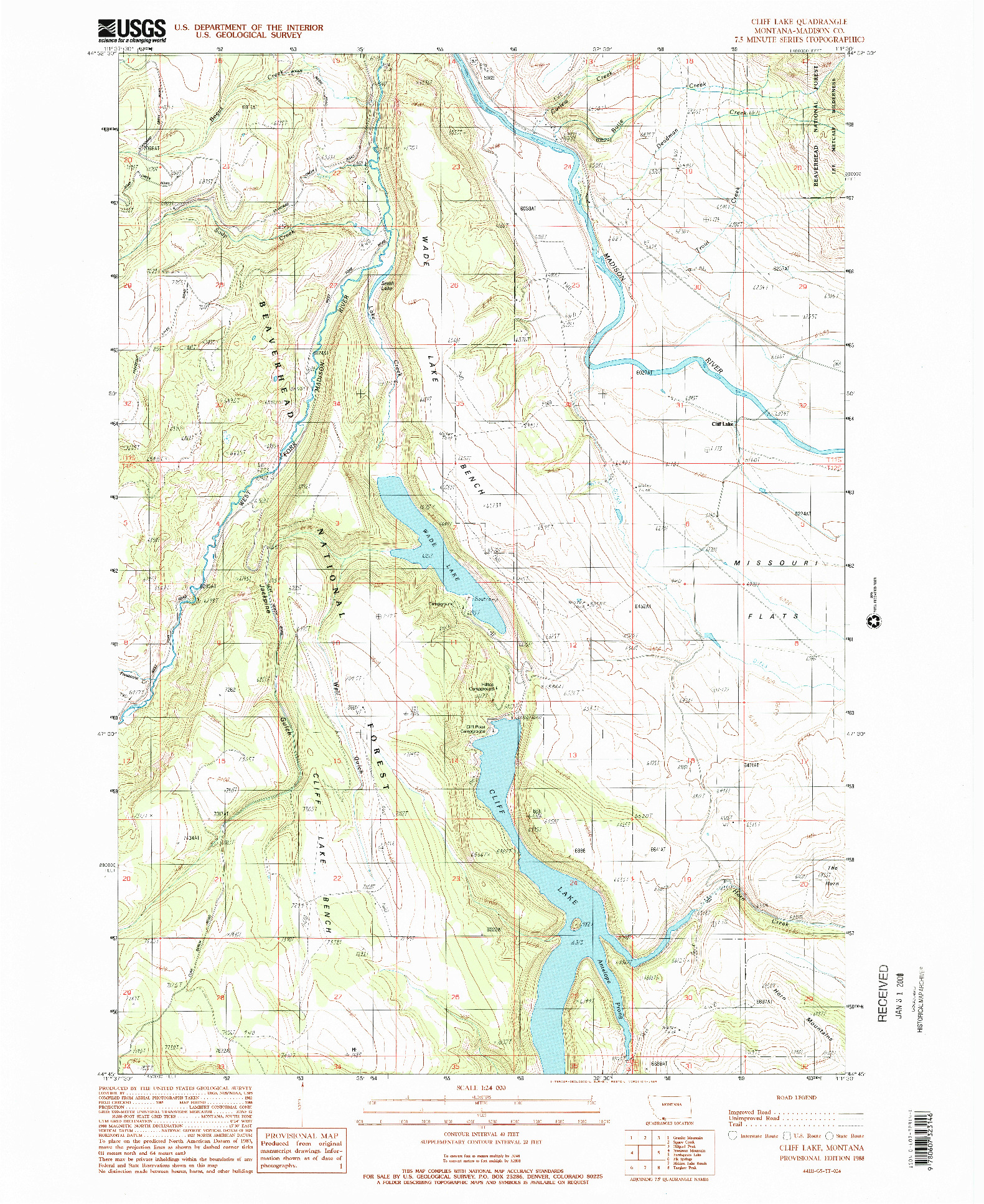 USGS 1:24000-SCALE QUADRANGLE FOR CLIFF LAKE, MT 1988