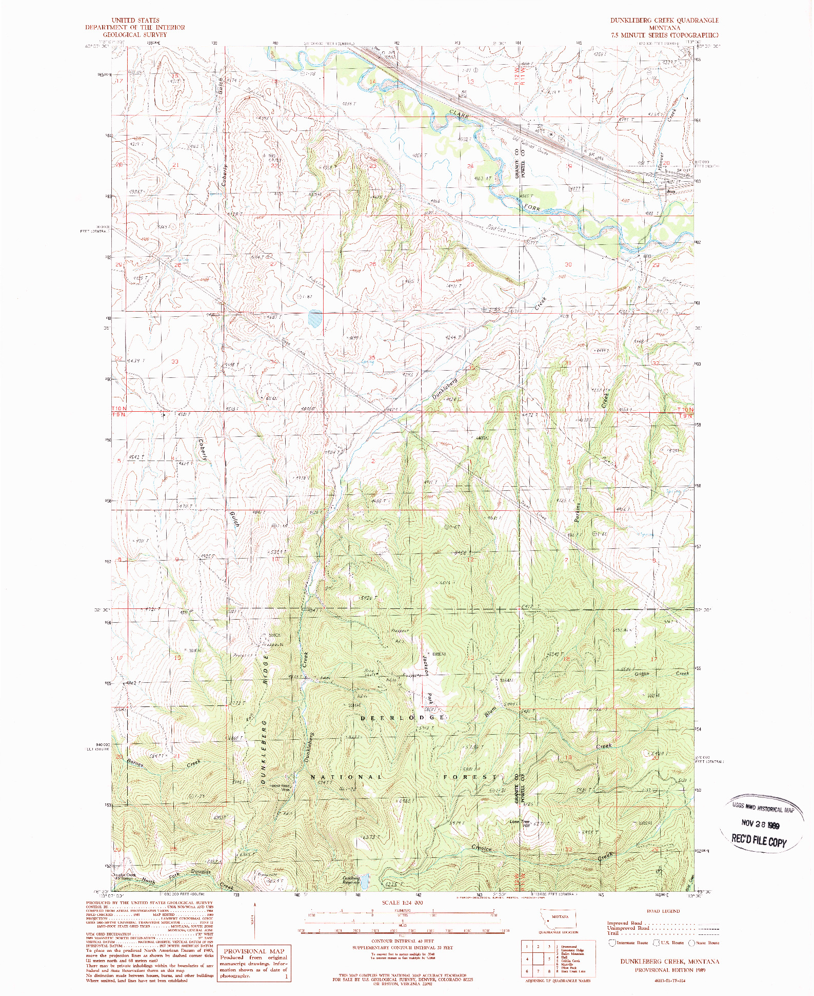 USGS 1:24000-SCALE QUADRANGLE FOR DUNKLEBERG CREEK, MT 1989