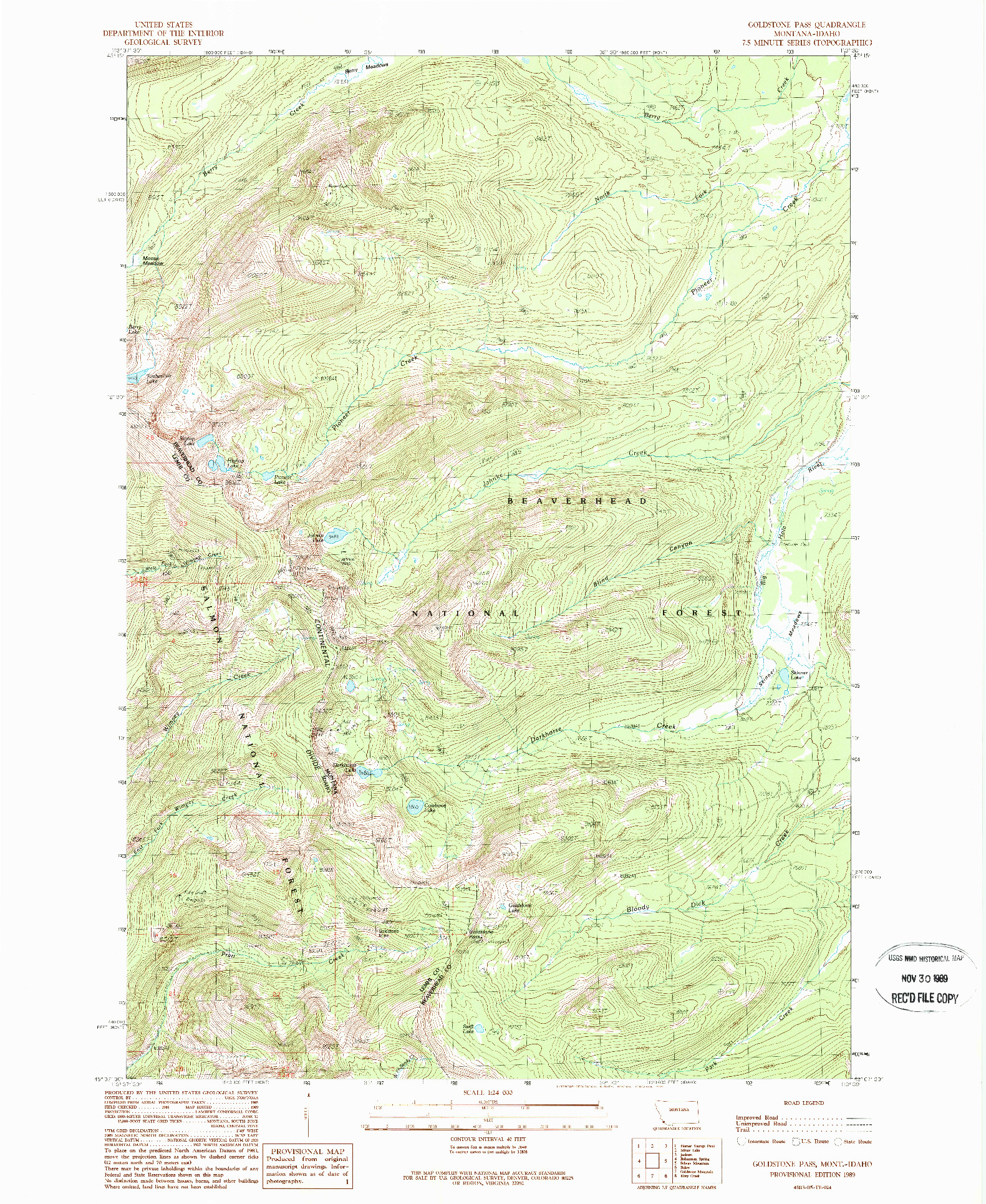 USGS 1:24000-SCALE QUADRANGLE FOR GOLDSTONE PASS, MT 1989