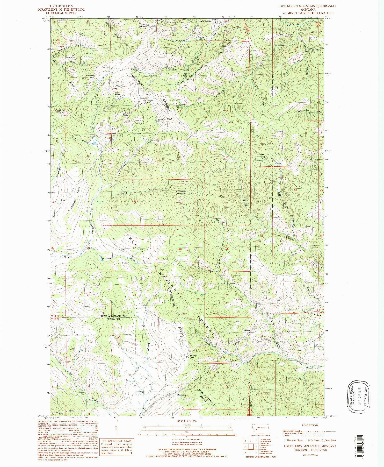 USGS 1:24000-SCALE QUADRANGLE FOR GREENHORN MOUNTAIN, MT 1989