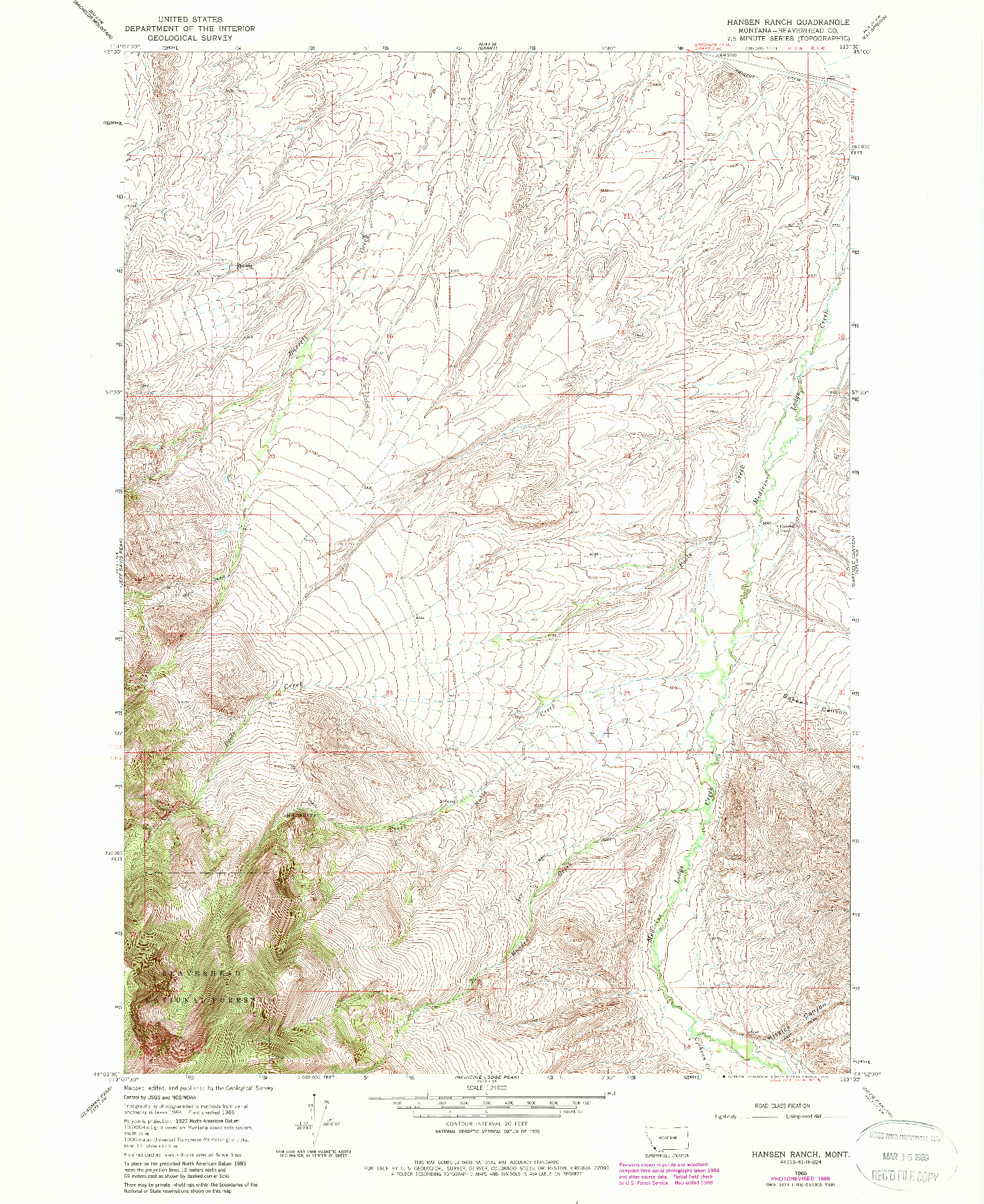 USGS 1:24000-SCALE QUADRANGLE FOR HANSEN RANCH, MT 1965