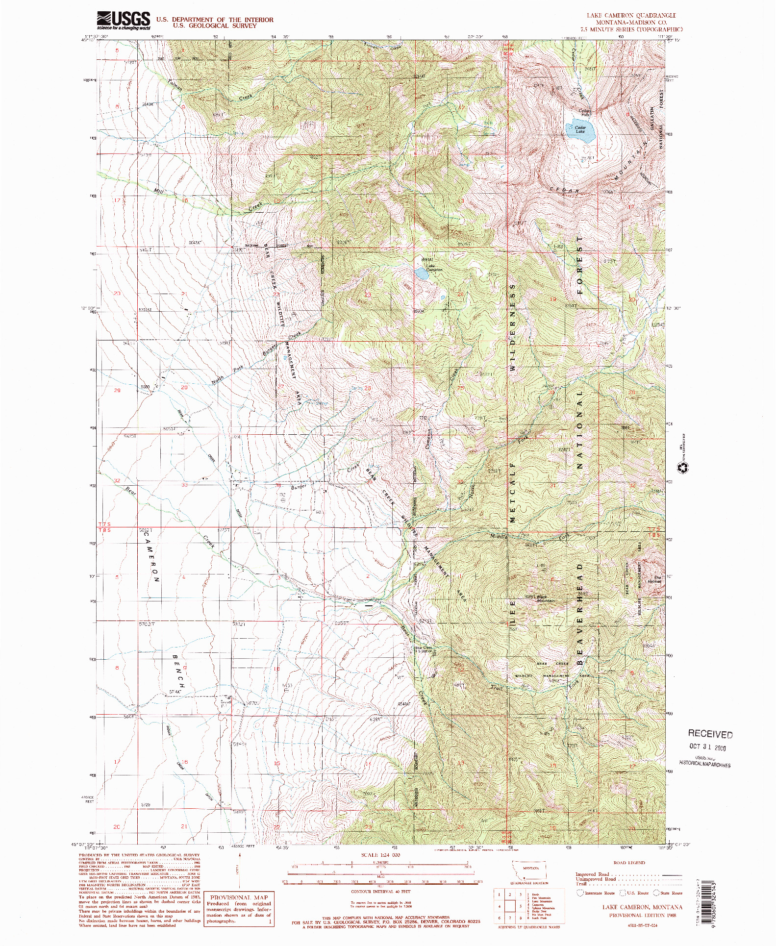 USGS 1:24000-SCALE QUADRANGLE FOR LAKE CAMERON, MT 1988