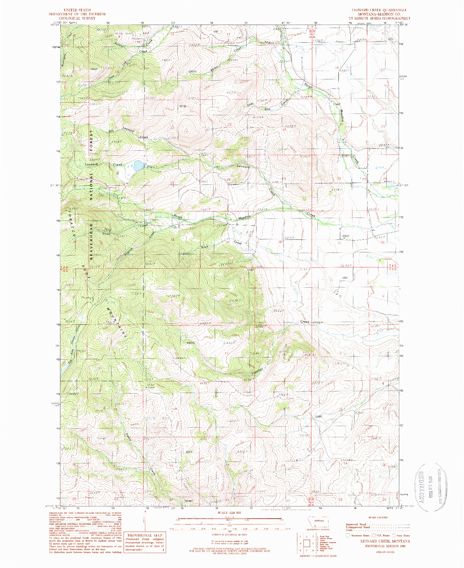 USGS 1:24000-SCALE QUADRANGLE FOR LEONARD CREEK, MT 1988