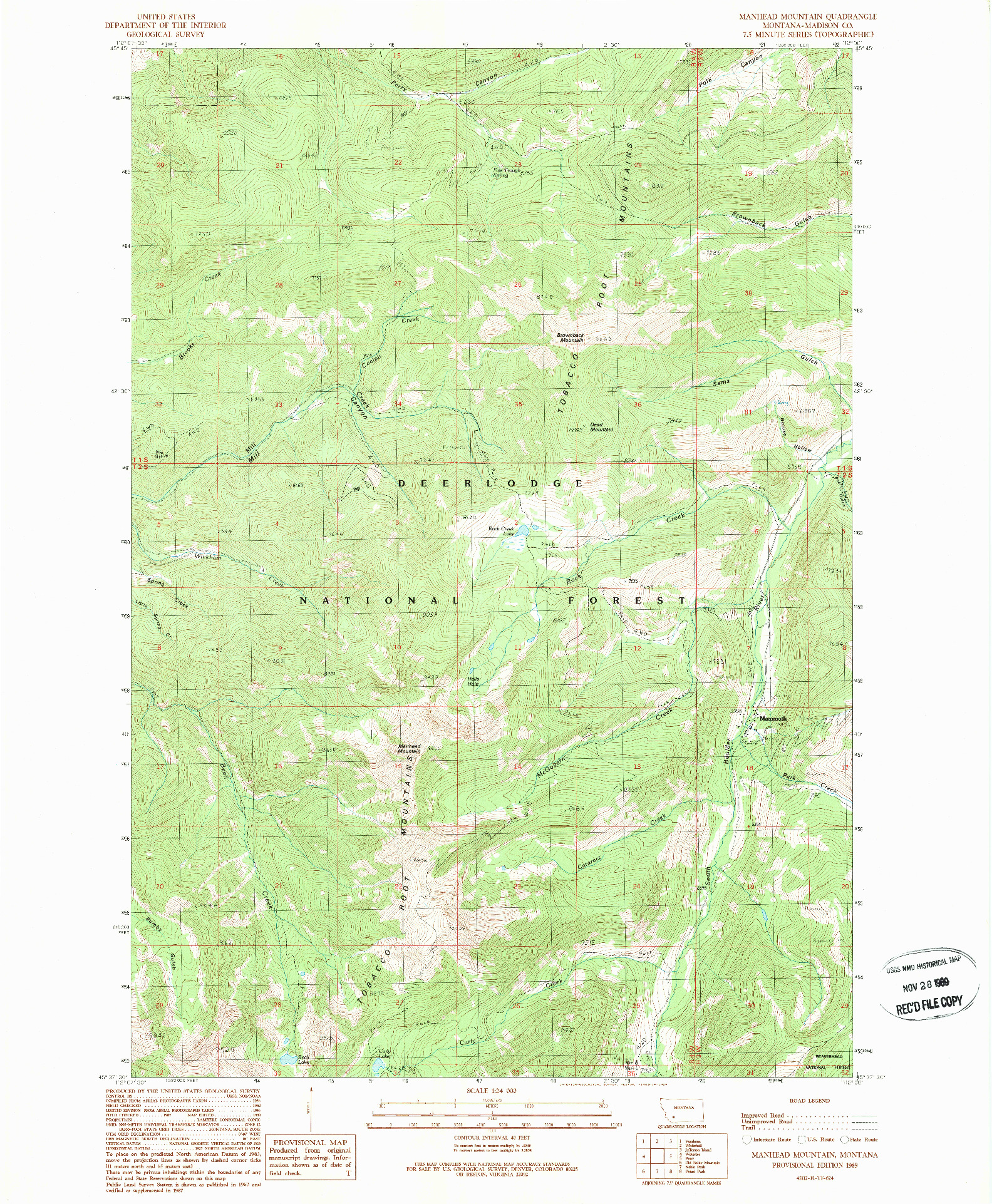 USGS 1:24000-SCALE QUADRANGLE FOR MANHEAD MOUNTAIN, MT 1989