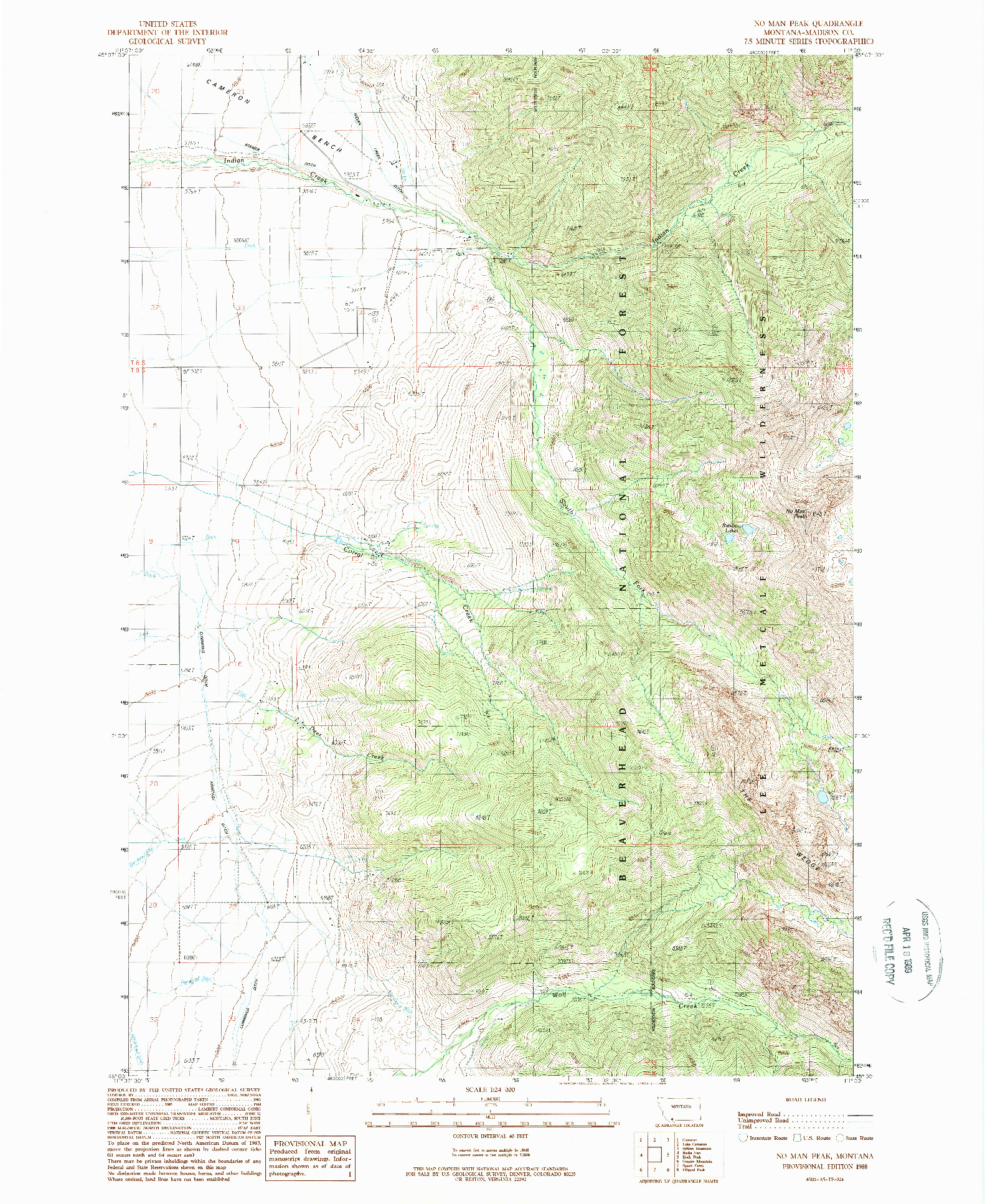 USGS 1:24000-SCALE QUADRANGLE FOR NO MAN PEAK, MT 1988