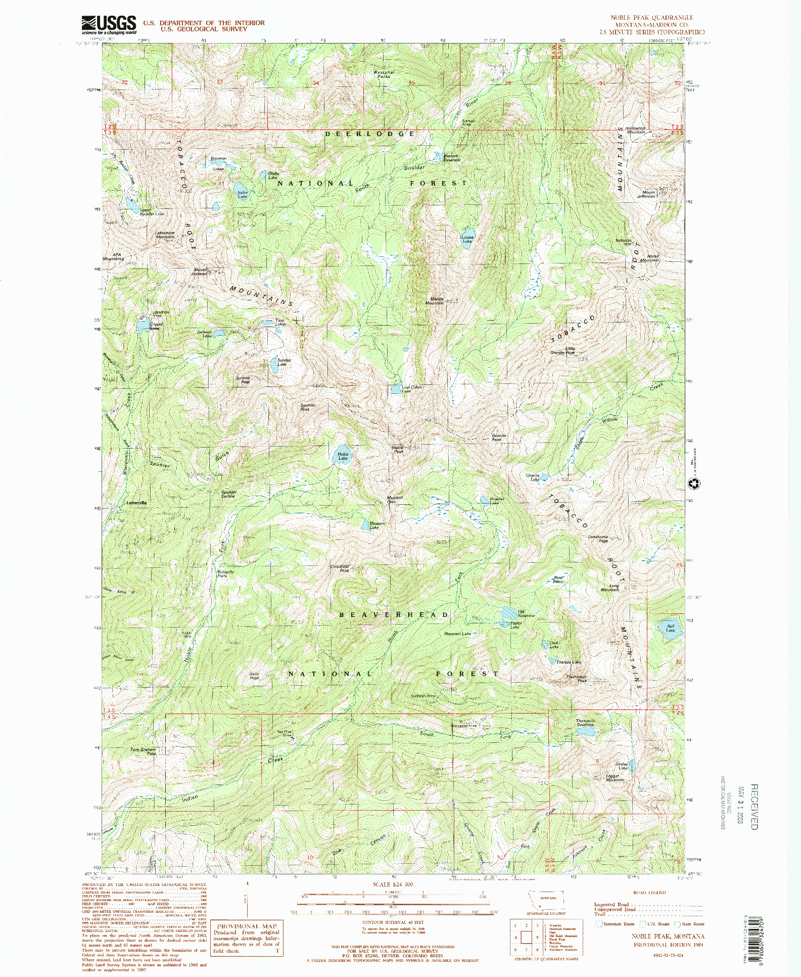 USGS 1:24000-SCALE QUADRANGLE FOR NOBLE PEAK, MT 1989