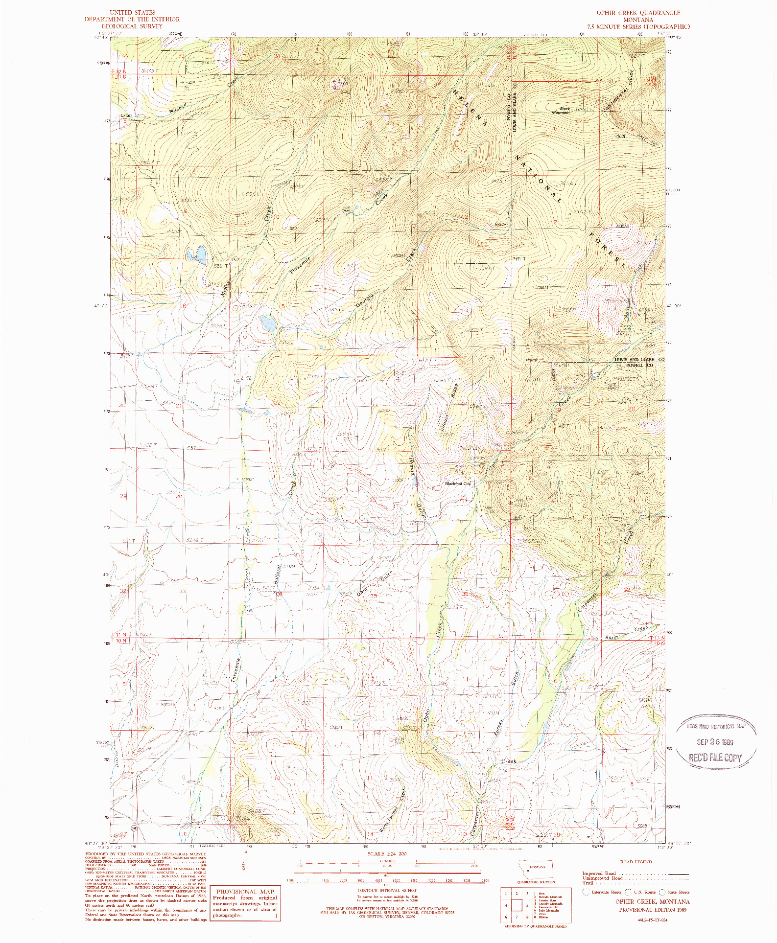 USGS 1:24000-SCALE QUADRANGLE FOR OPHIR CREEK, MT 1989