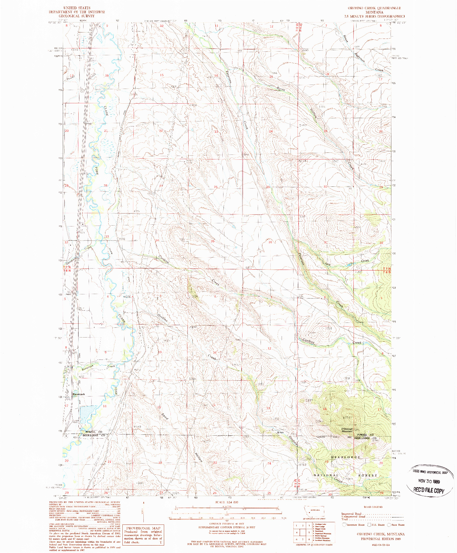 USGS 1:24000-SCALE QUADRANGLE FOR OROFINO CREEK, MT 1989