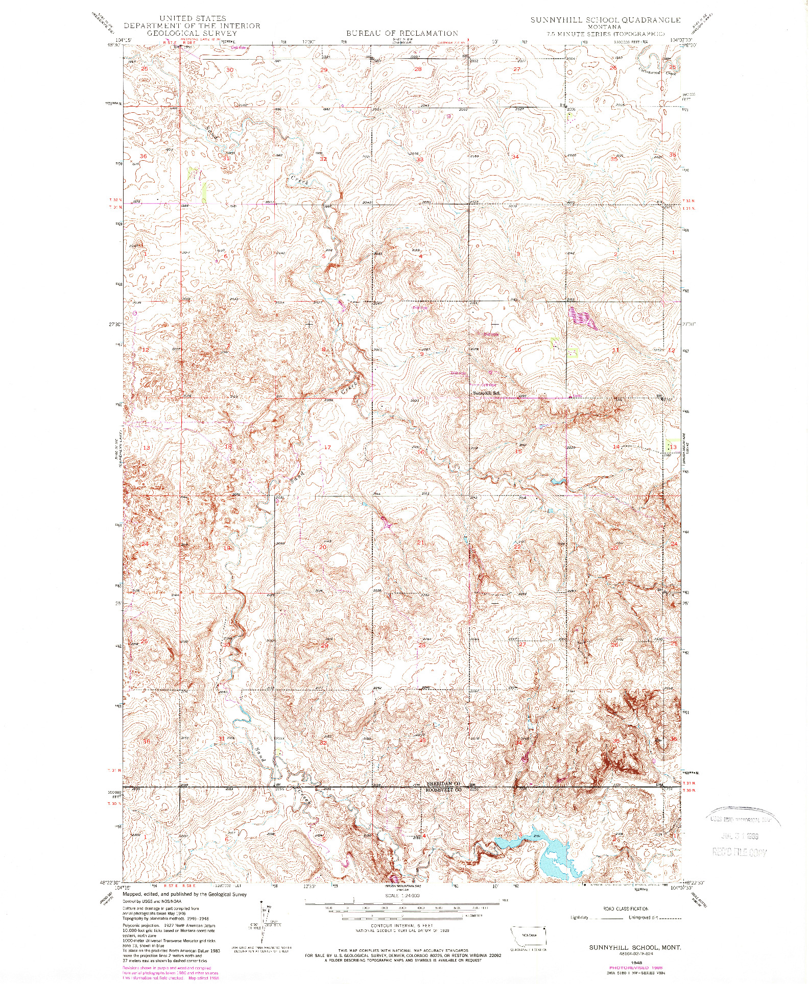 USGS 1:24000-SCALE QUADRANGLE FOR SUNNYHILL SCHOOL, MT 1988