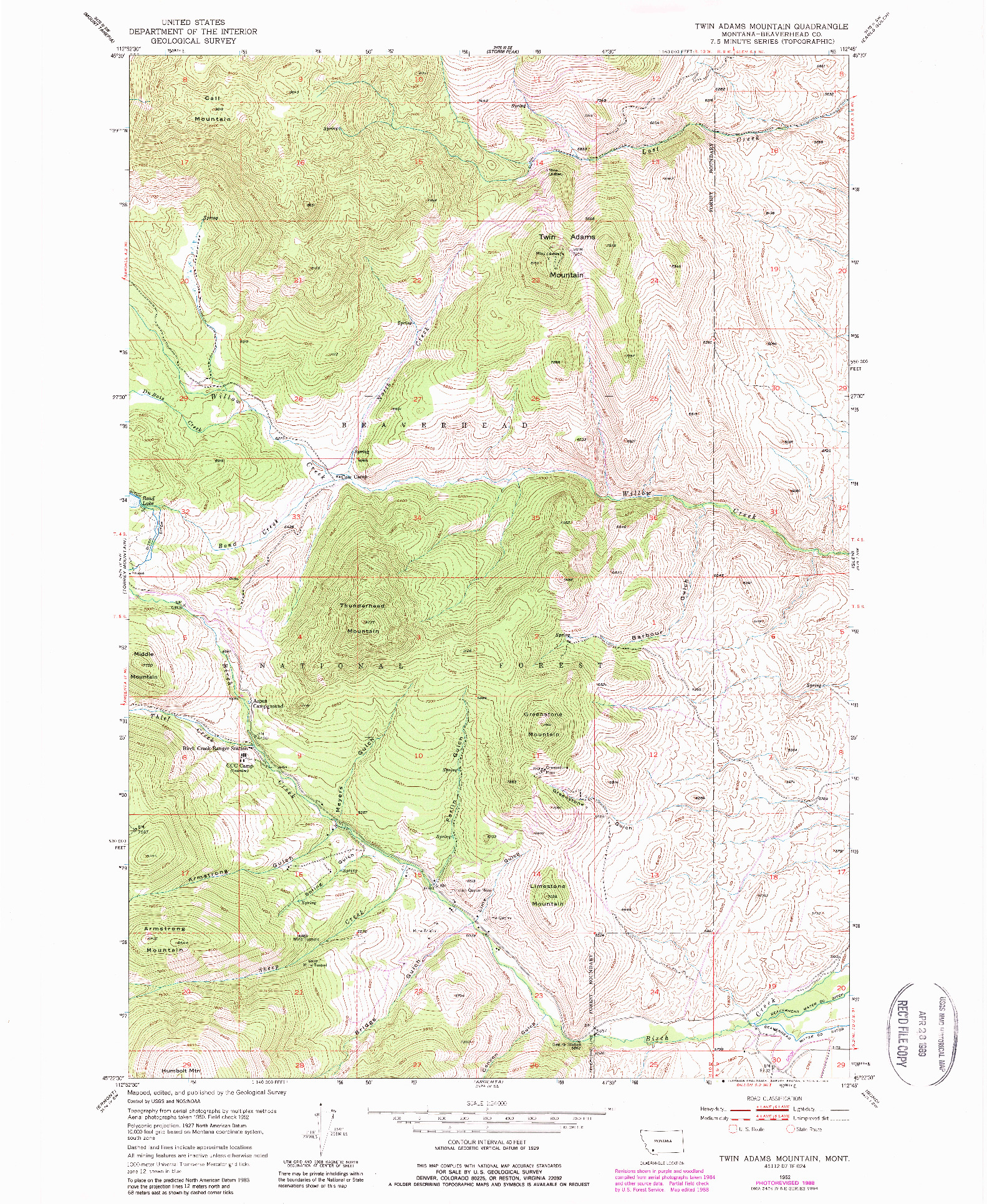 USGS 1:24000-SCALE QUADRANGLE FOR TWIN ADAMS MOUNTAIN, MT 1952