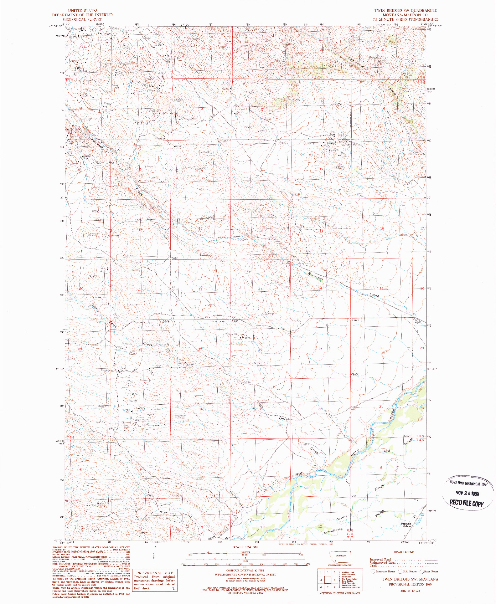 USGS 1:24000-SCALE QUADRANGLE FOR TWIN BRIDGES SW, MT 1989