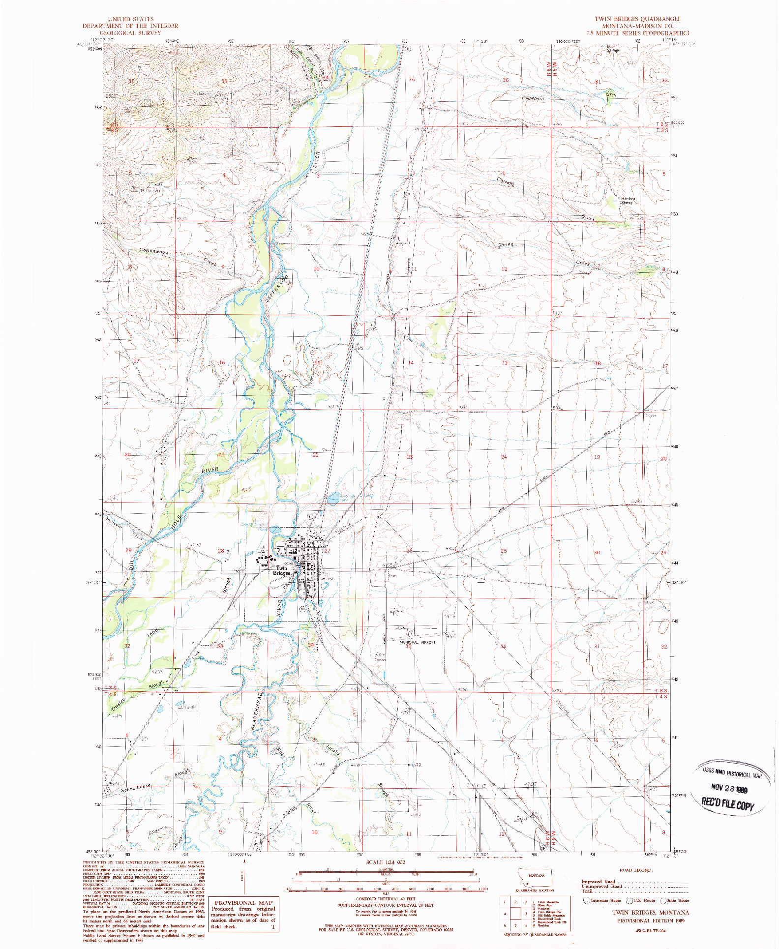 USGS 1:24000-SCALE QUADRANGLE FOR TWIN BRIDGES, MT 1989