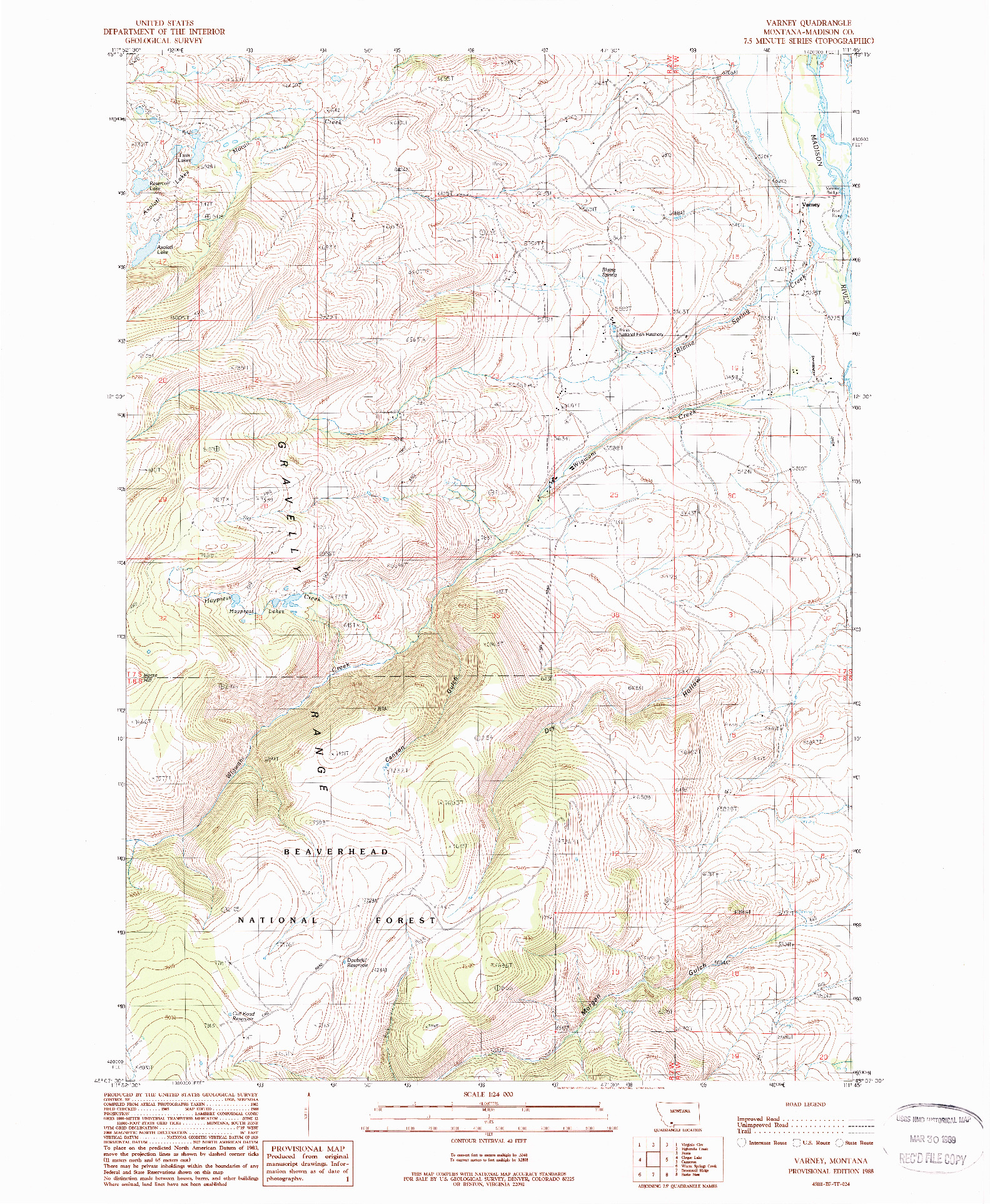 USGS 1:24000-SCALE QUADRANGLE FOR VARNEY, MT 1988