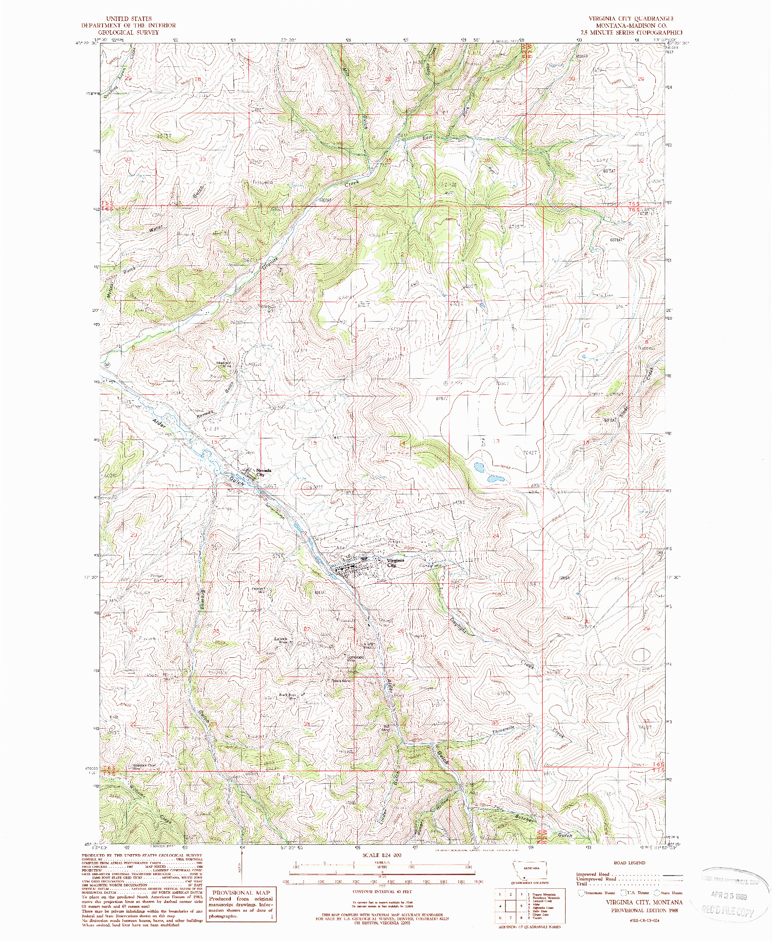 USGS 1:24000-SCALE QUADRANGLE FOR VIRGINIA CITY, MT 1988