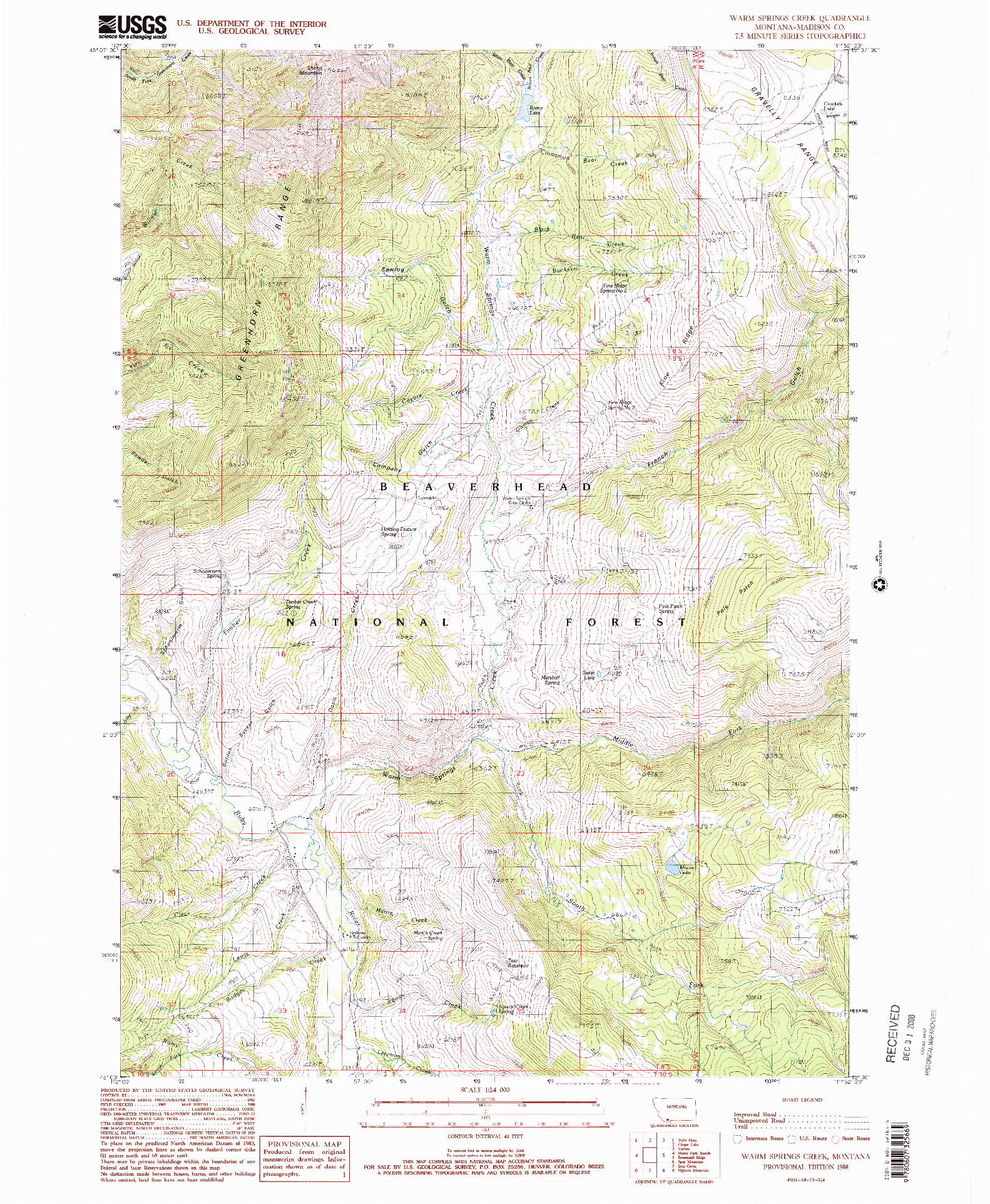 USGS 1:24000-SCALE QUADRANGLE FOR WARM SPRINGS CREEK, MT 1988