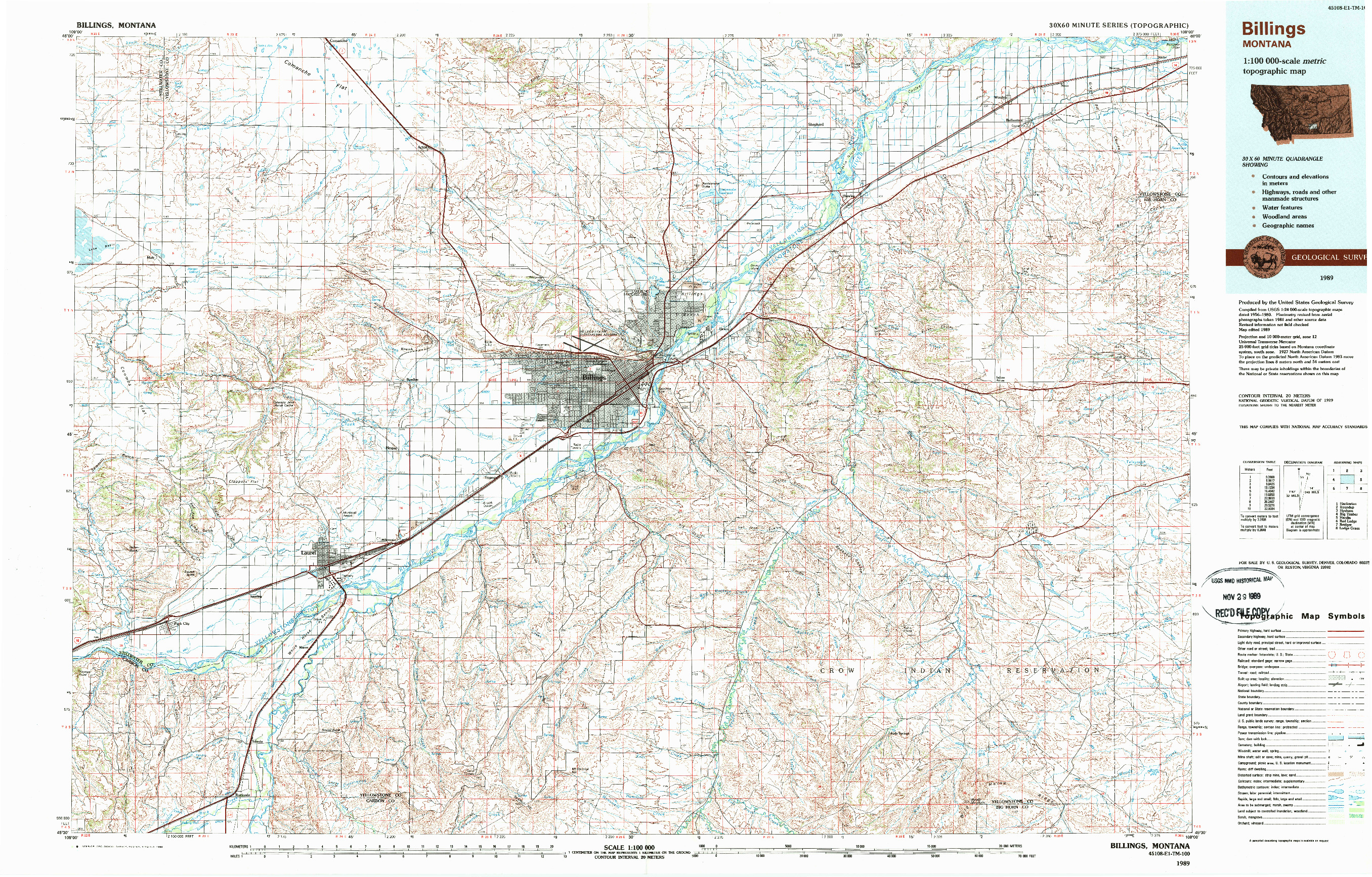 USGS 1:100000-SCALE QUADRANGLE FOR BILLINGS, MT 1989