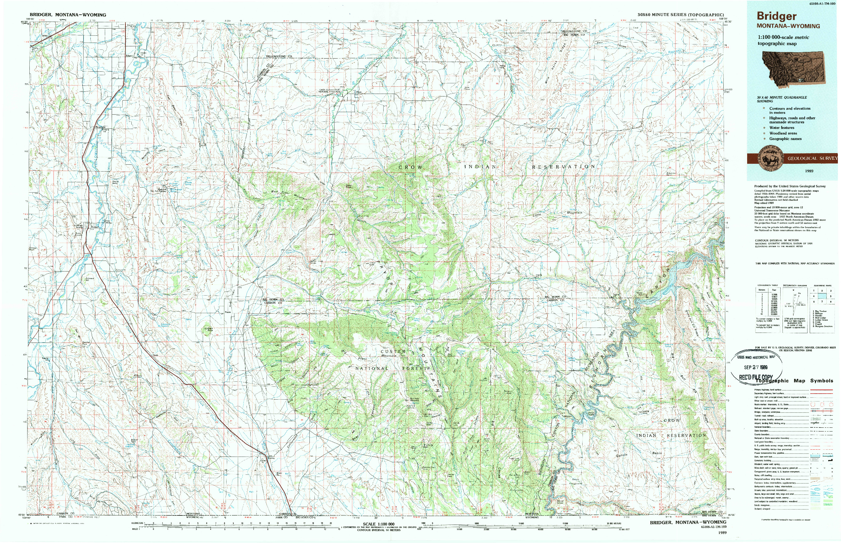 USGS 1:100000-SCALE QUADRANGLE FOR BRIDGER, MT 1989