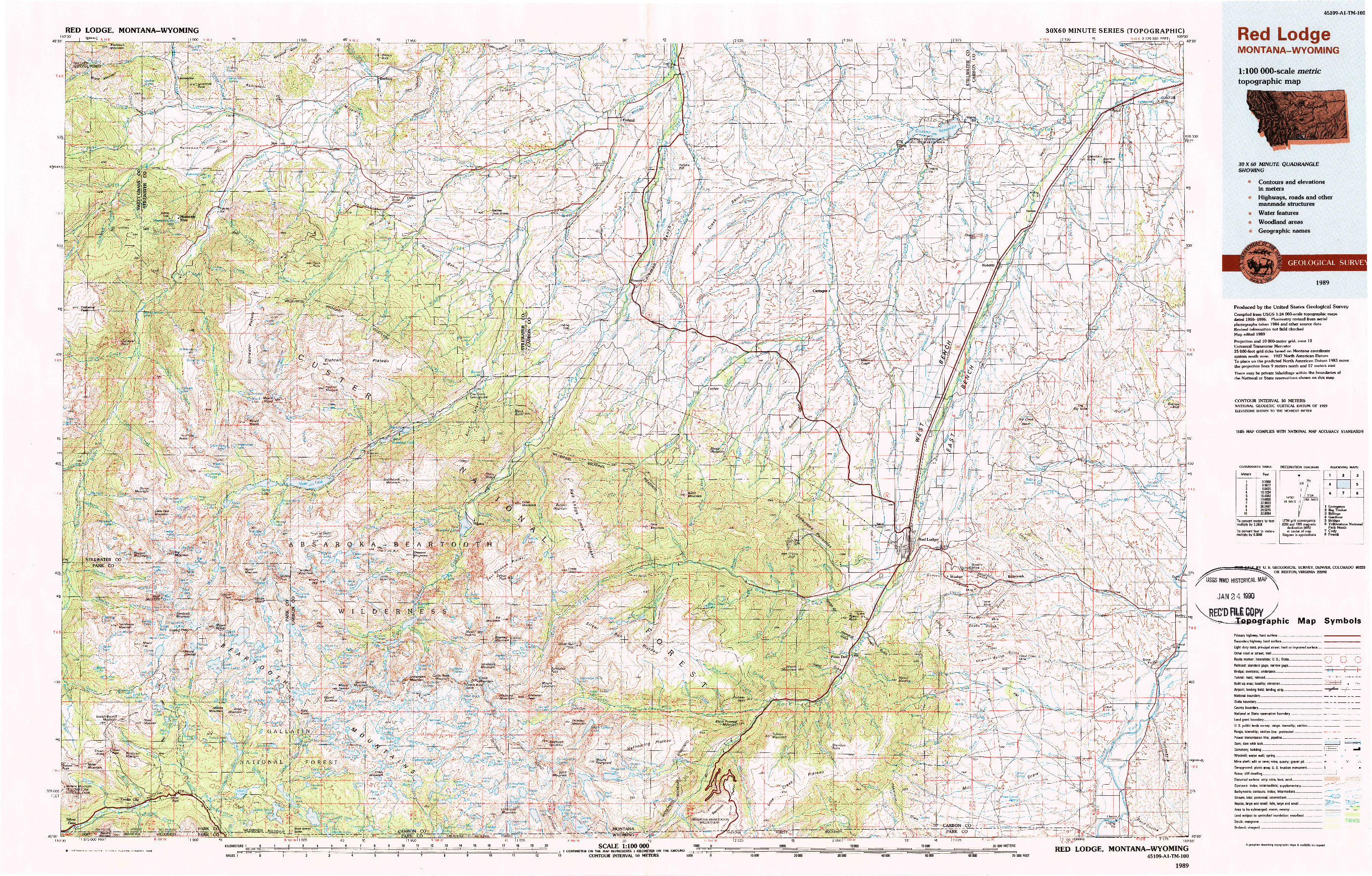 USGS 1:100000-SCALE QUADRANGLE FOR RED LODGE, MT 1989