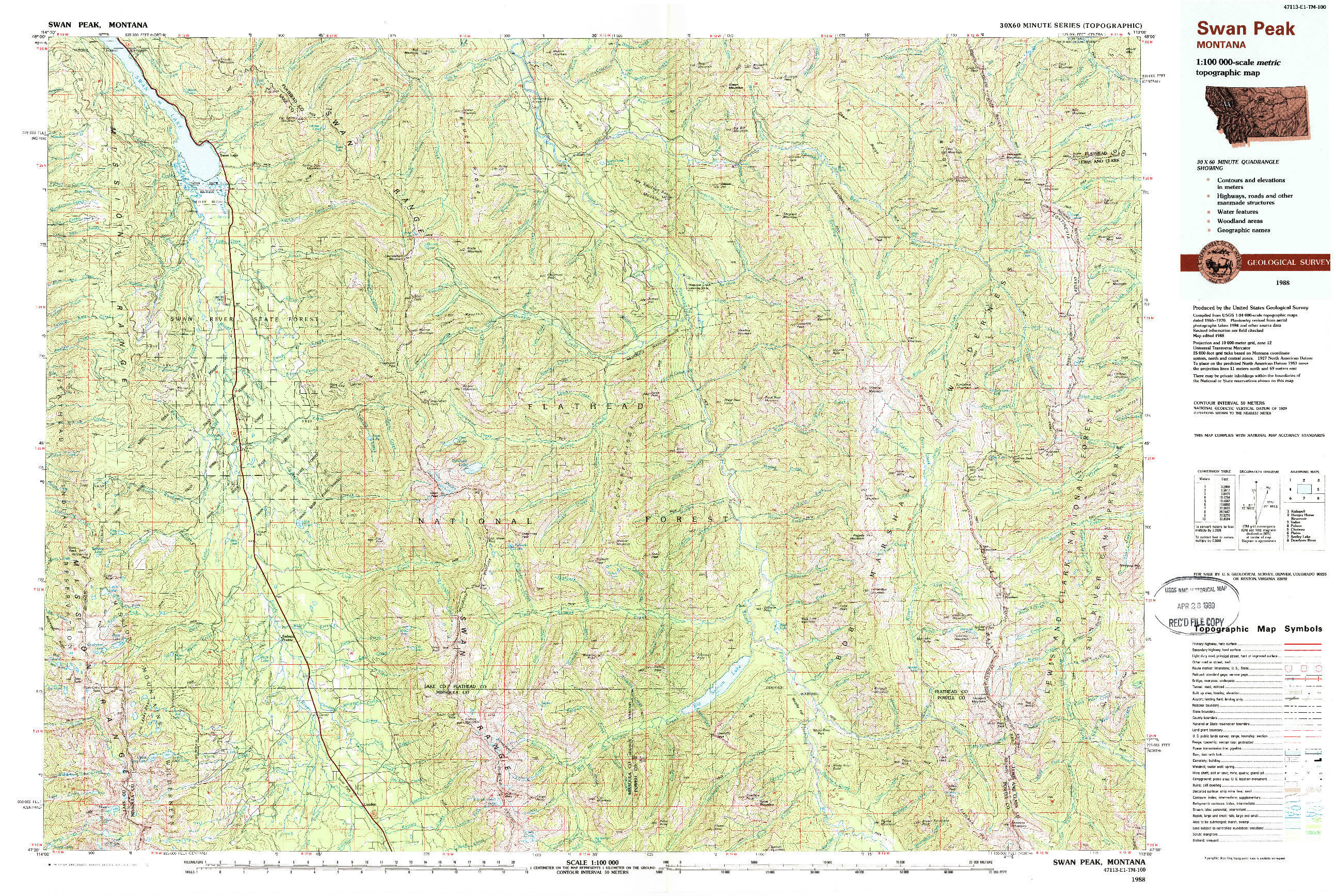 USGS 1:100000-SCALE QUADRANGLE FOR SWAN PEAK, MT 1988