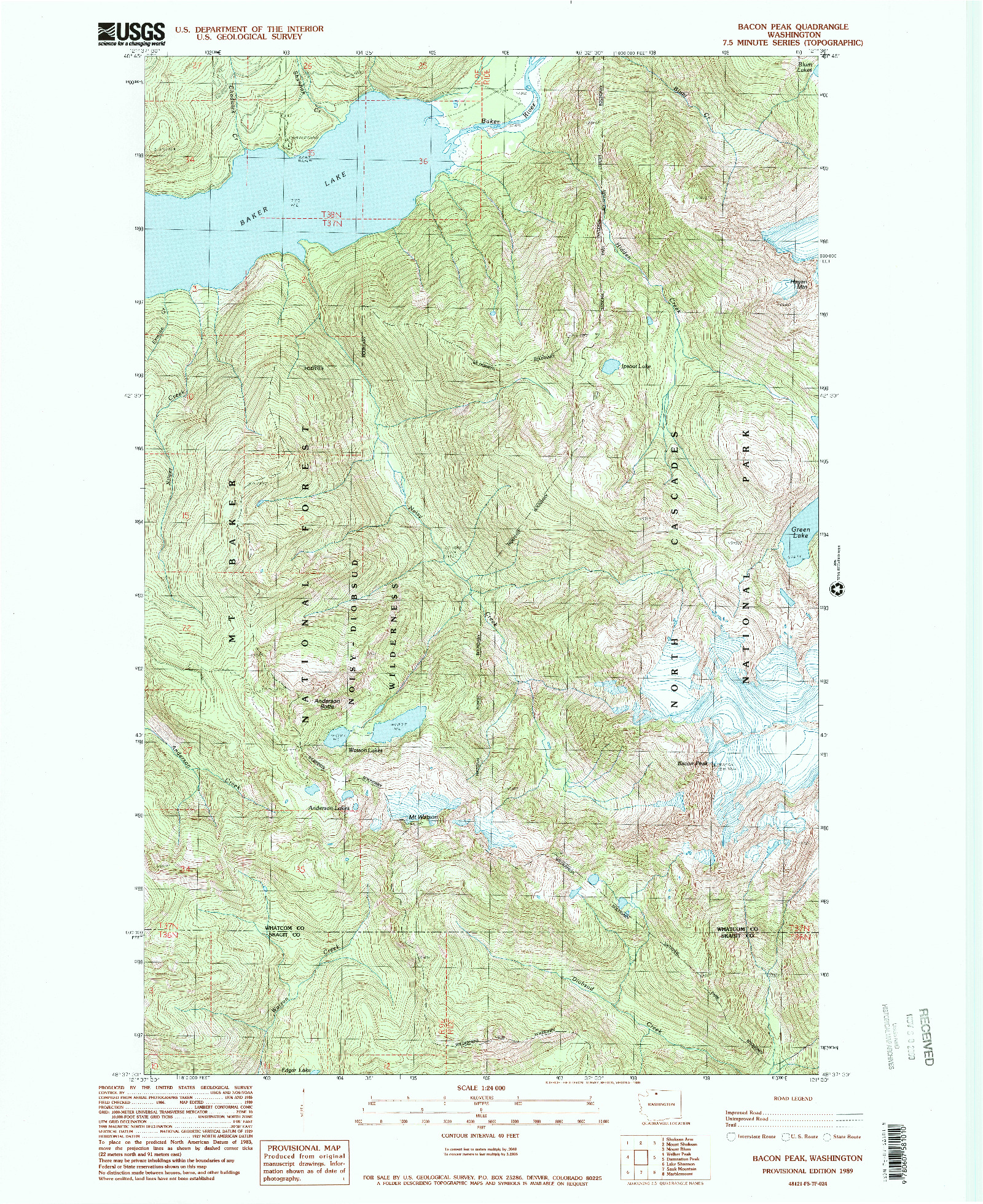 USGS 1:24000-SCALE QUADRANGLE FOR BACON PEAK, WA 1989